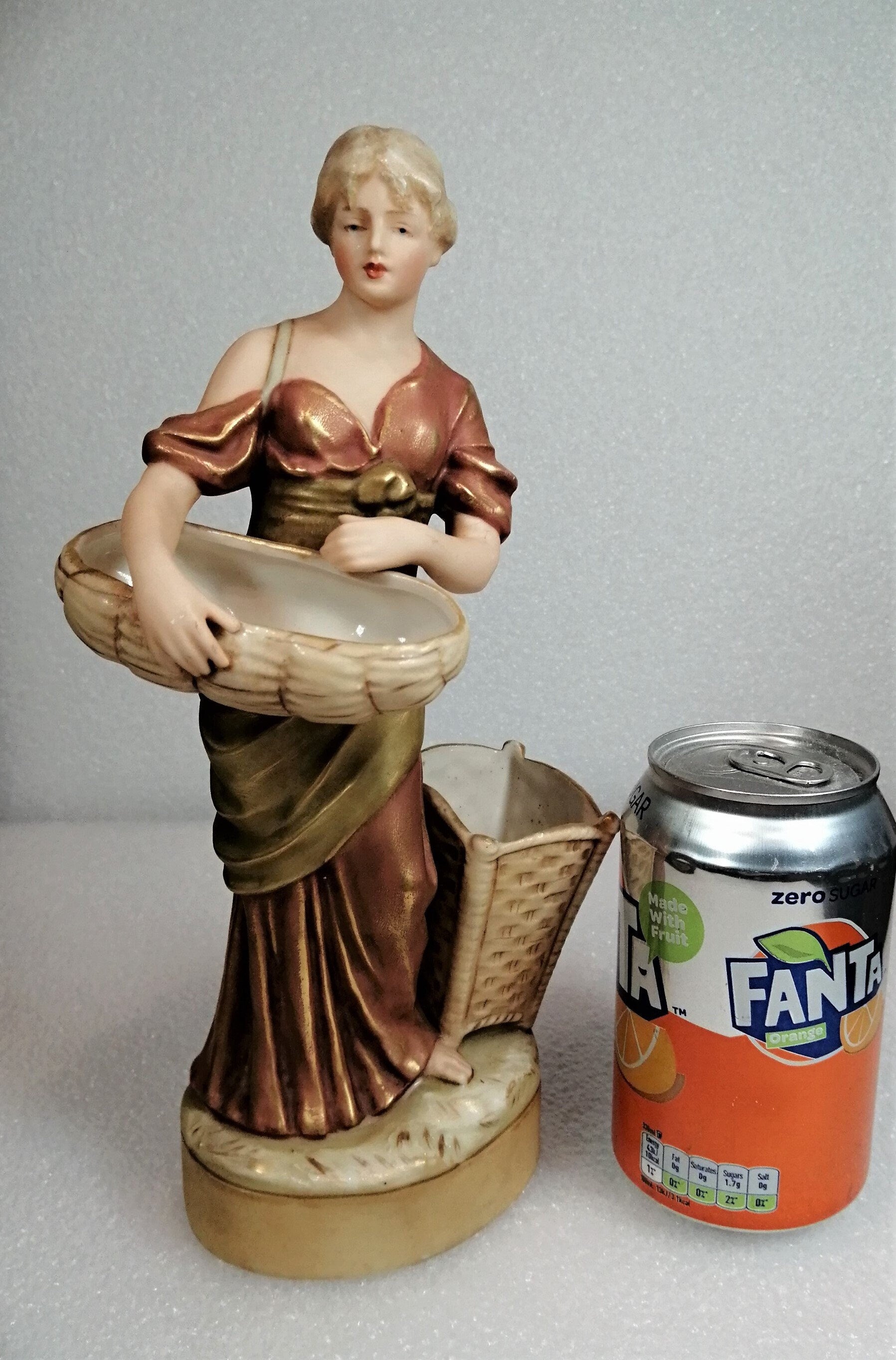 Antique Royal Dux Figurine Of A Woman With Wicker Baskets
