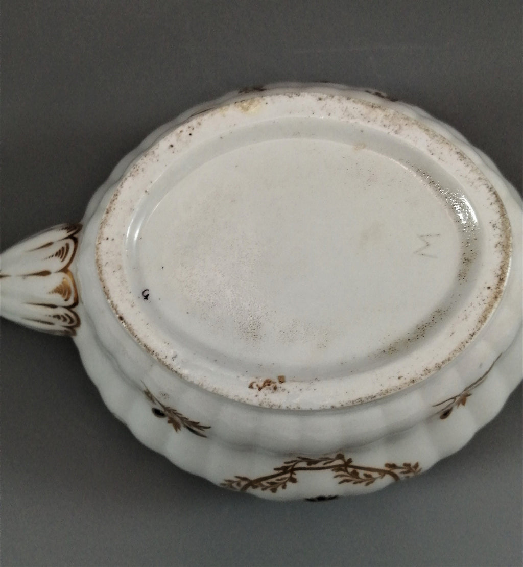 Flight & Barr Worcester barrel-shaped teapot and stand, gold and blue floral design, incised 'M' mark, antique English porcelain, c. 1792