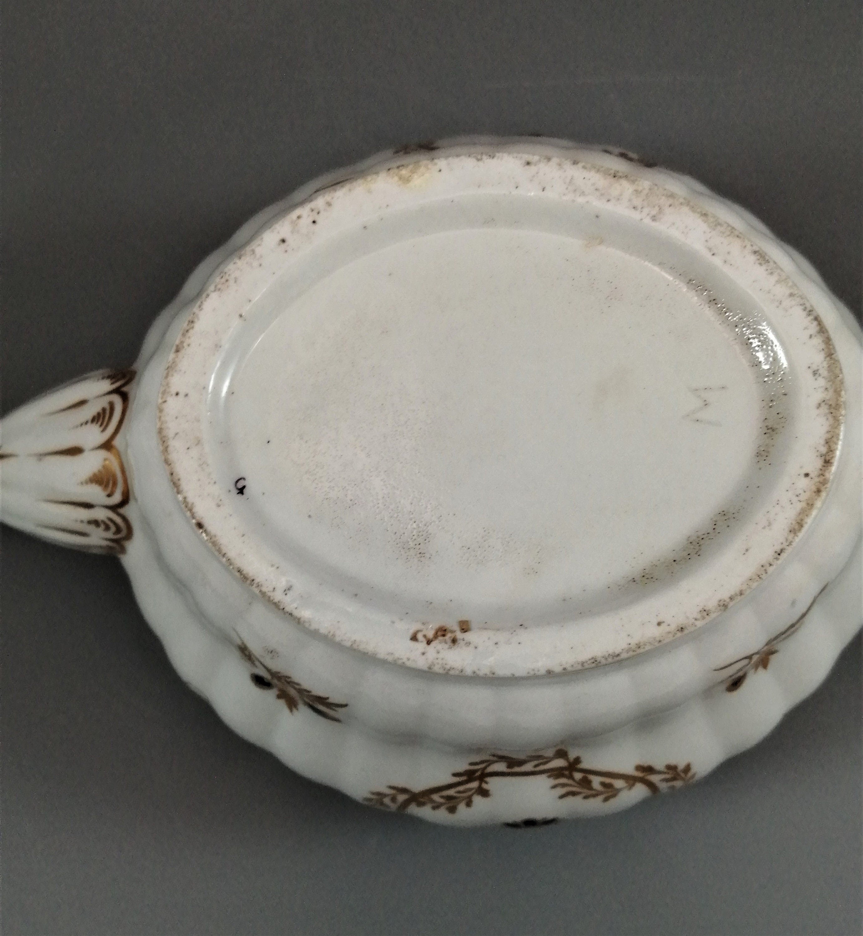 Flight & Barr Worcester barrel-shaped teapot and stand, gold and blue floral design, incised 'M' mark, antique English porcelain, c. 1792