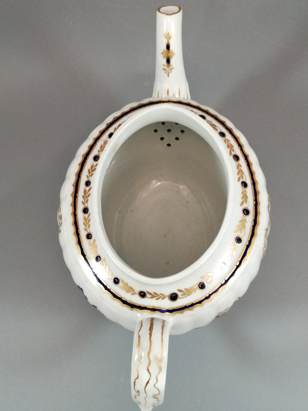 Flight & Barr Worcester barrel-shaped teapot and stand, gold and blue floral design, incised 'M' mark, antique English porcelain, c. 1792