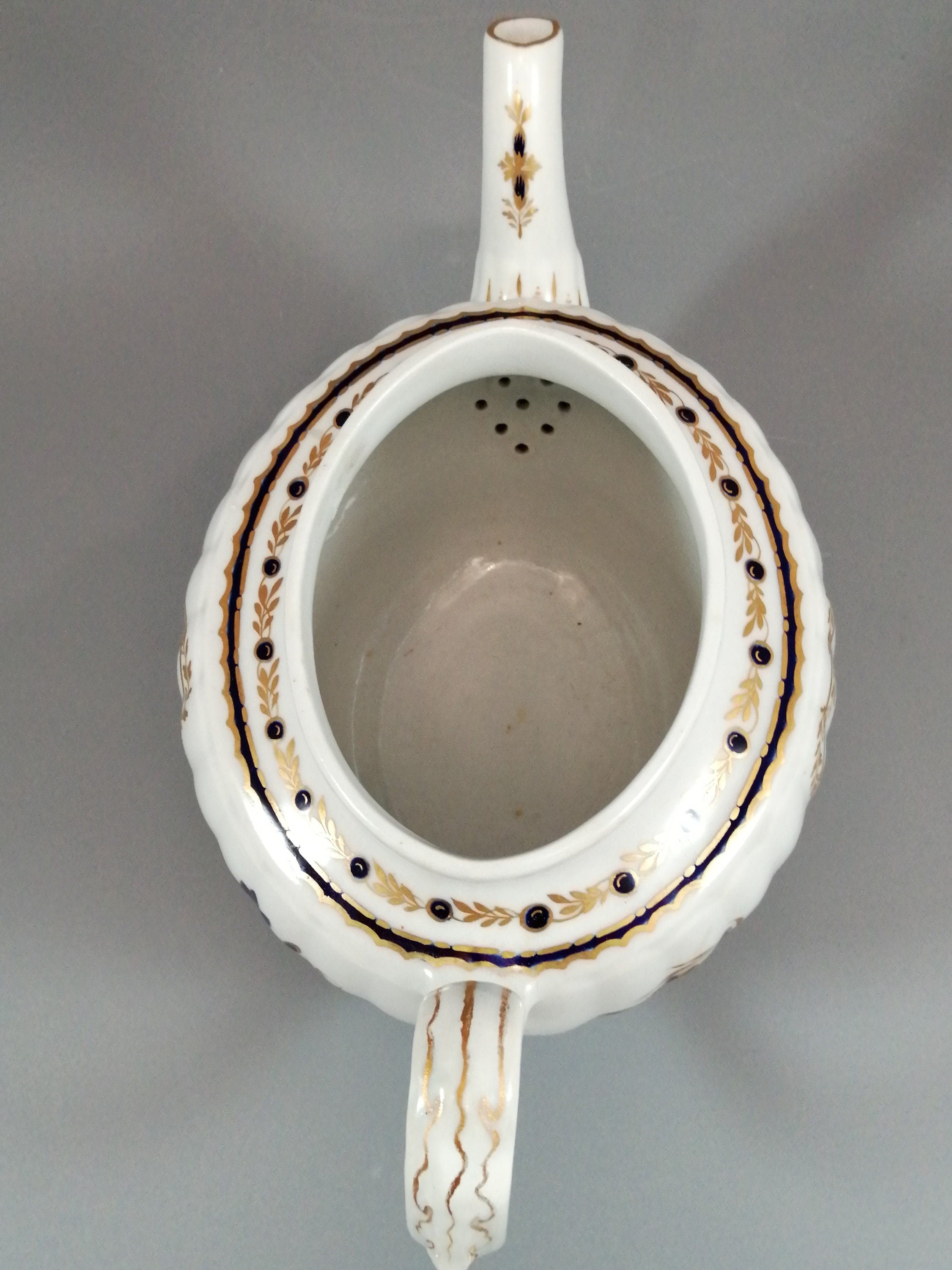 Flight & Barr Worcester barrel-shaped teapot and stand, gold and blue floral design, incised 'M' mark, antique English porcelain, c. 1792