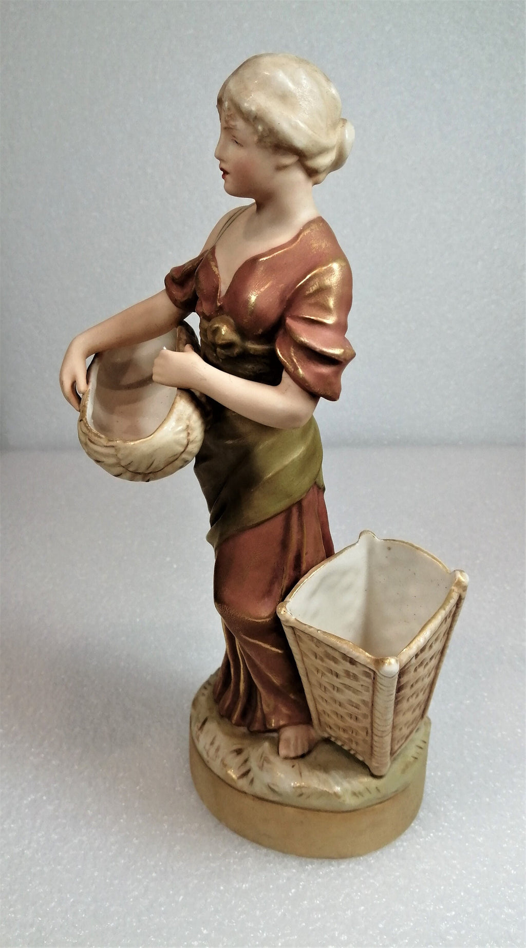 Antique Royal Dux Figurine Of A Woman With Wicker Baskets