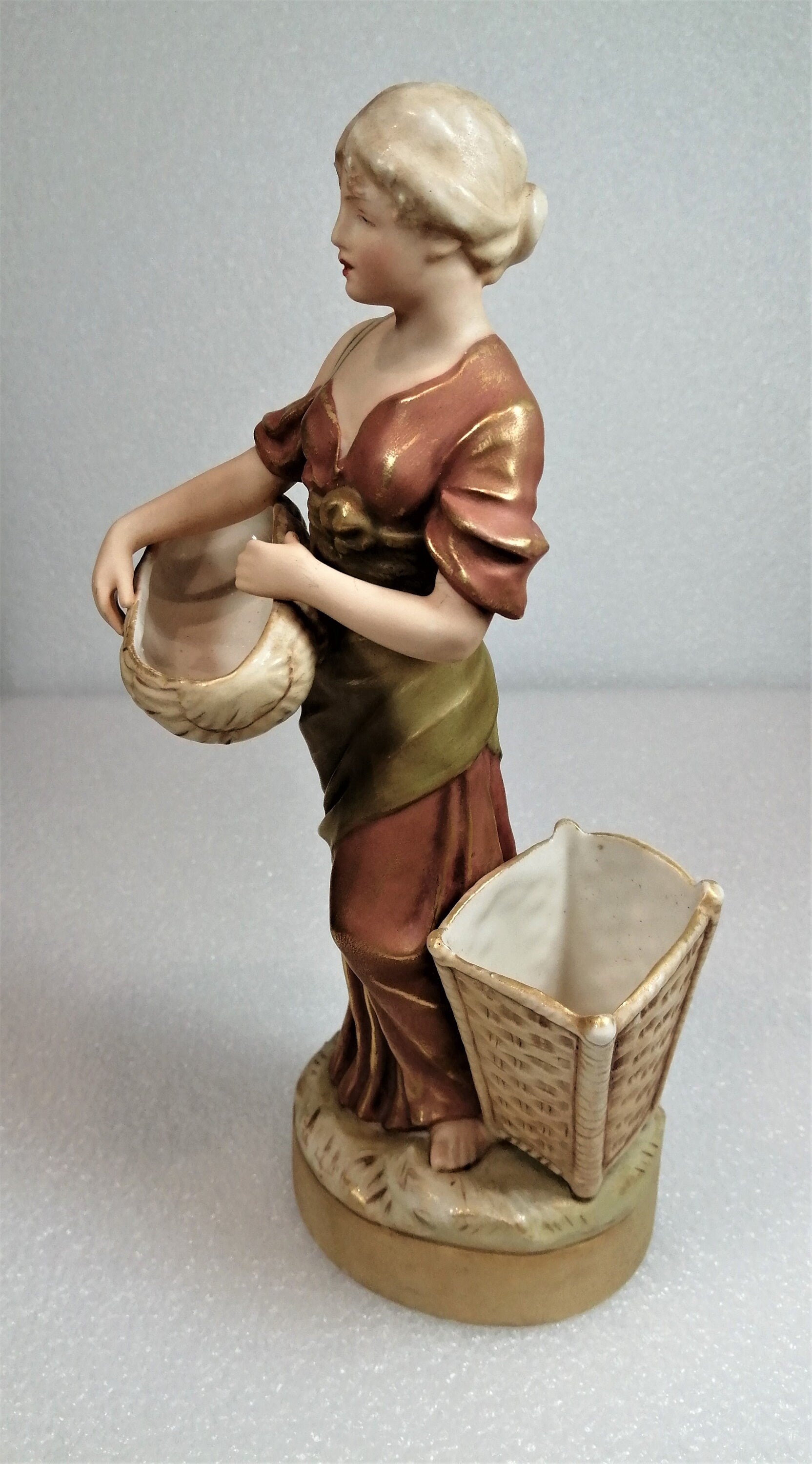 Antique Royal Dux Figurine Of A Woman With Wicker Baskets