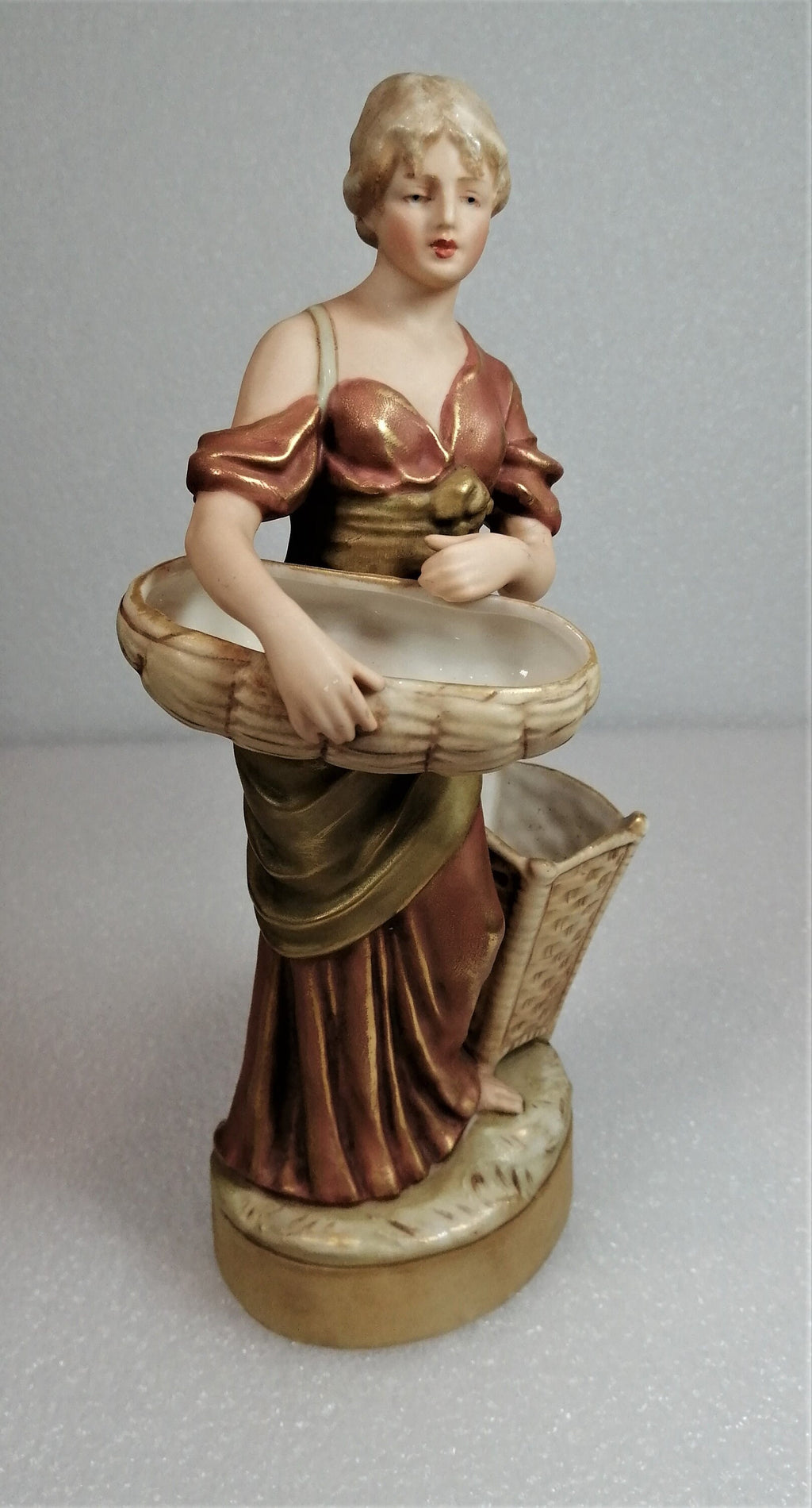 Antique Royal Dux Figurine Of A Woman With Wicker Baskets