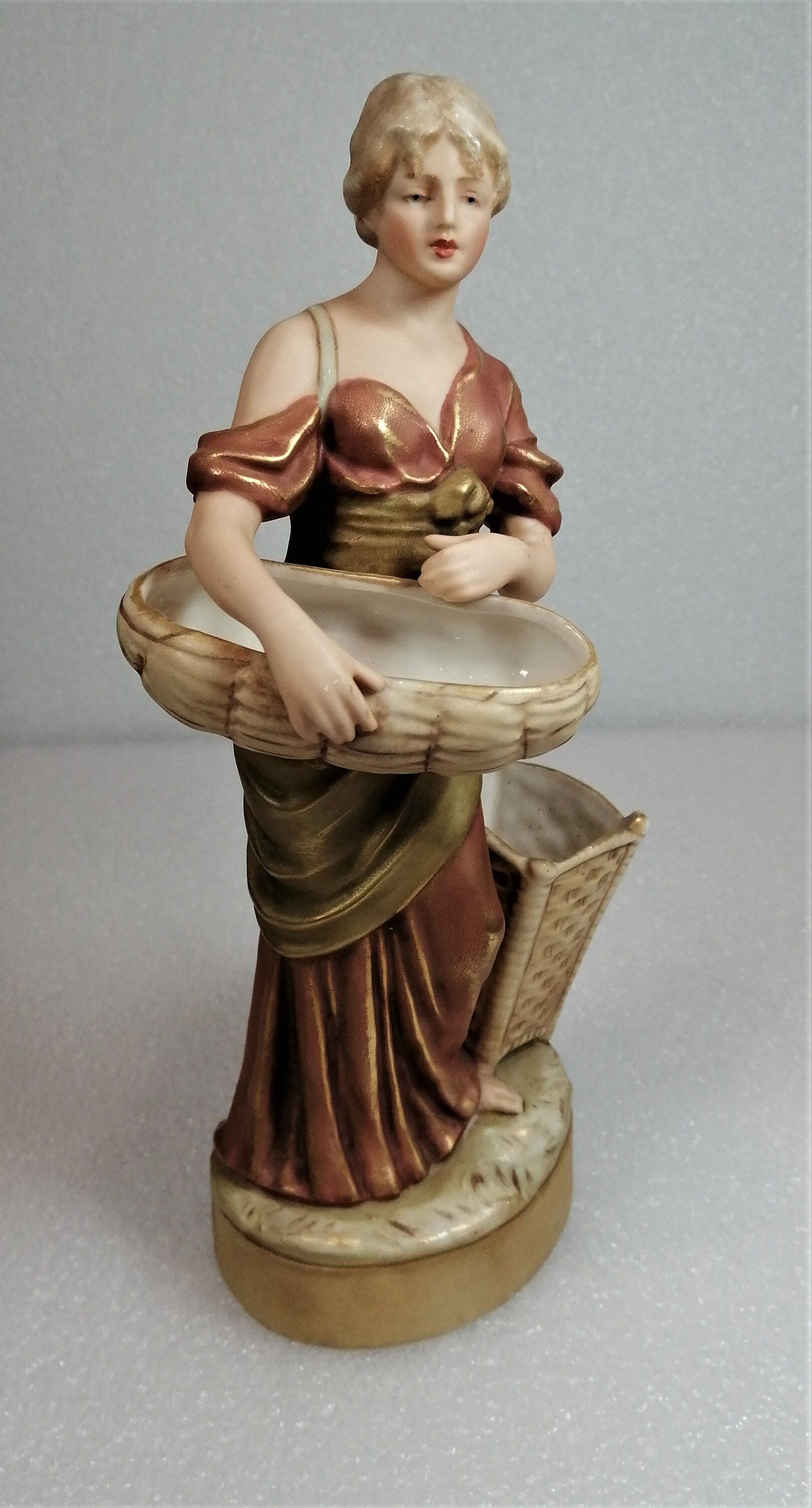 Antique Royal Dux Figurine Of A Woman With Wicker Baskets