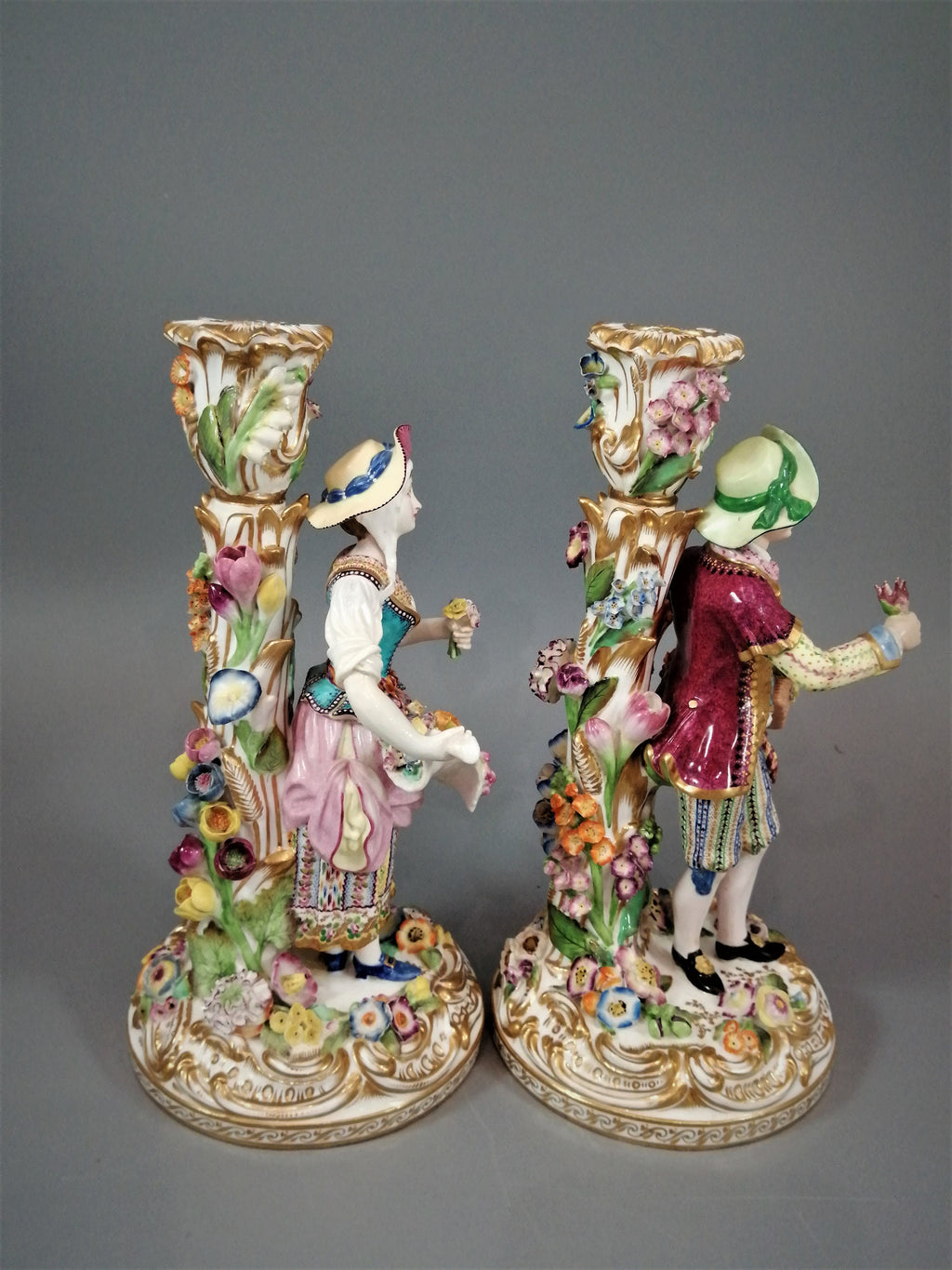 Minton Porcelain Figural Candlesticks: Enamel Flower Seller, c.1835