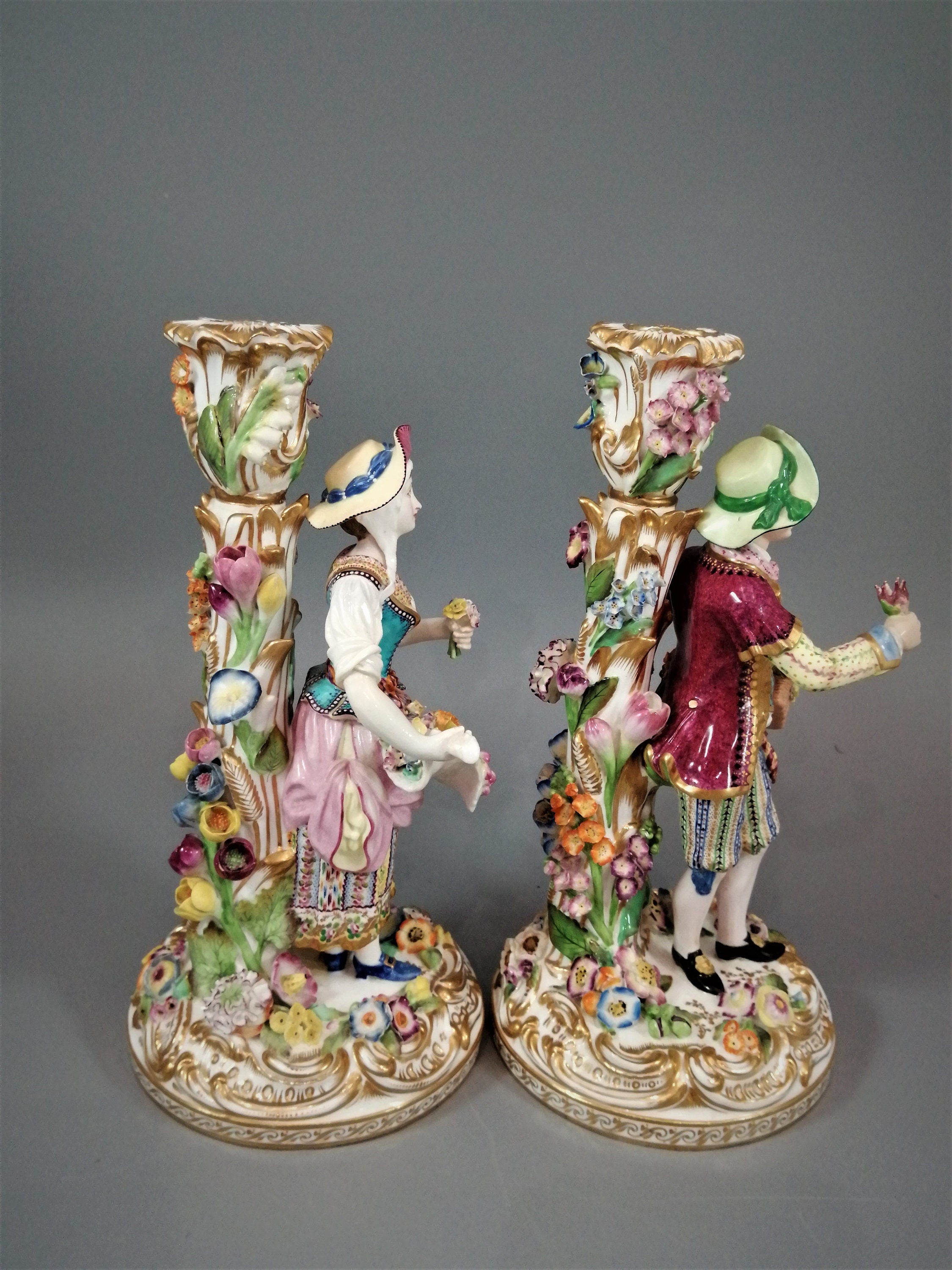 Minton Porcelain Figural Candlesticks: Enamel Flower Seller, c.1835