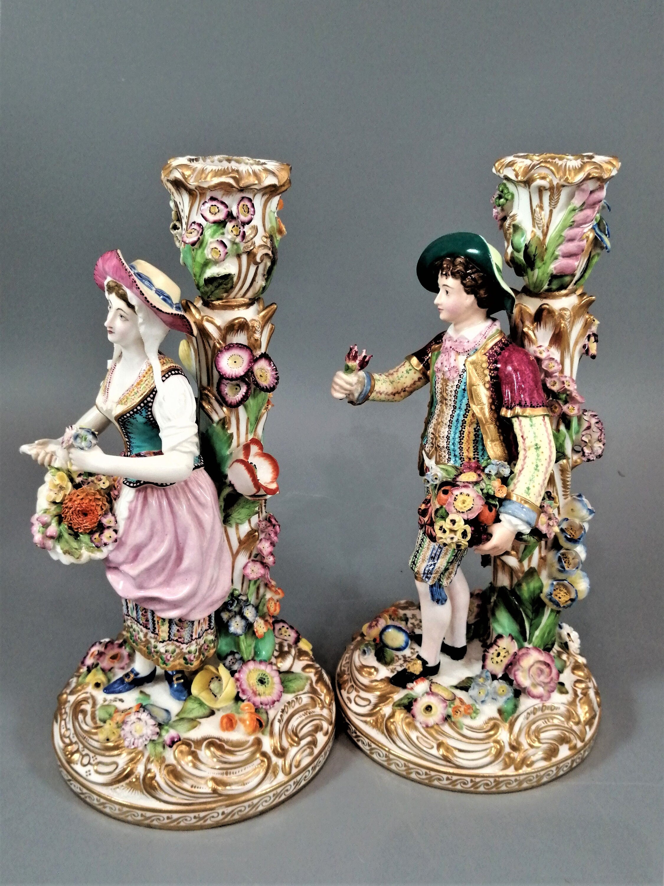 Minton Porcelain Figural Candlesticks: Enamel Flower Seller, c.1835