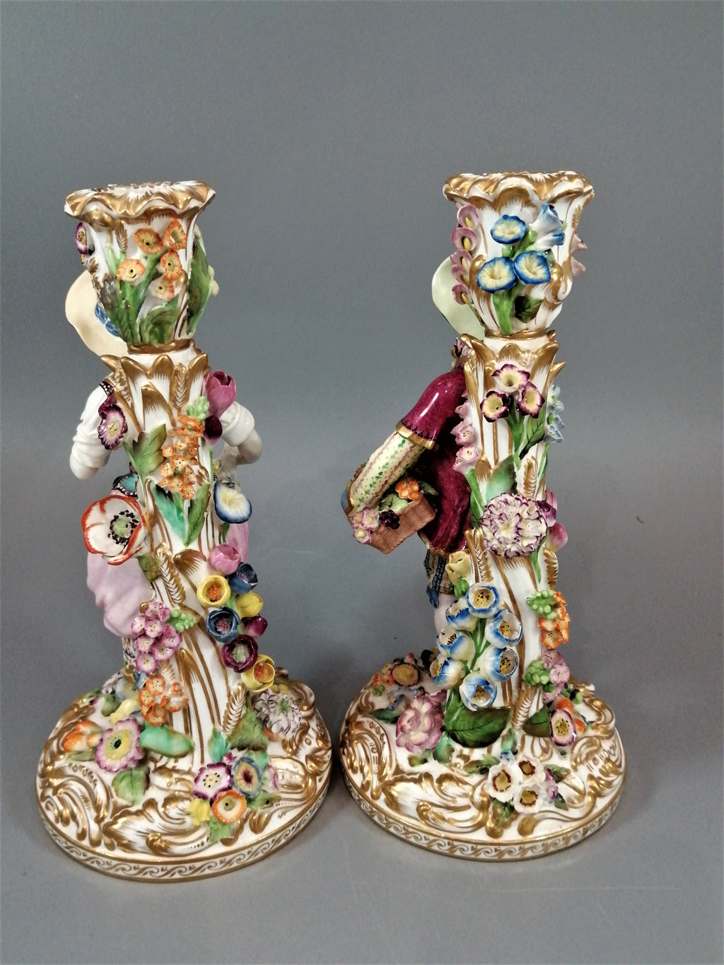 Minton Porcelain Figural Candlesticks: Enamel Flower Seller, c.1835