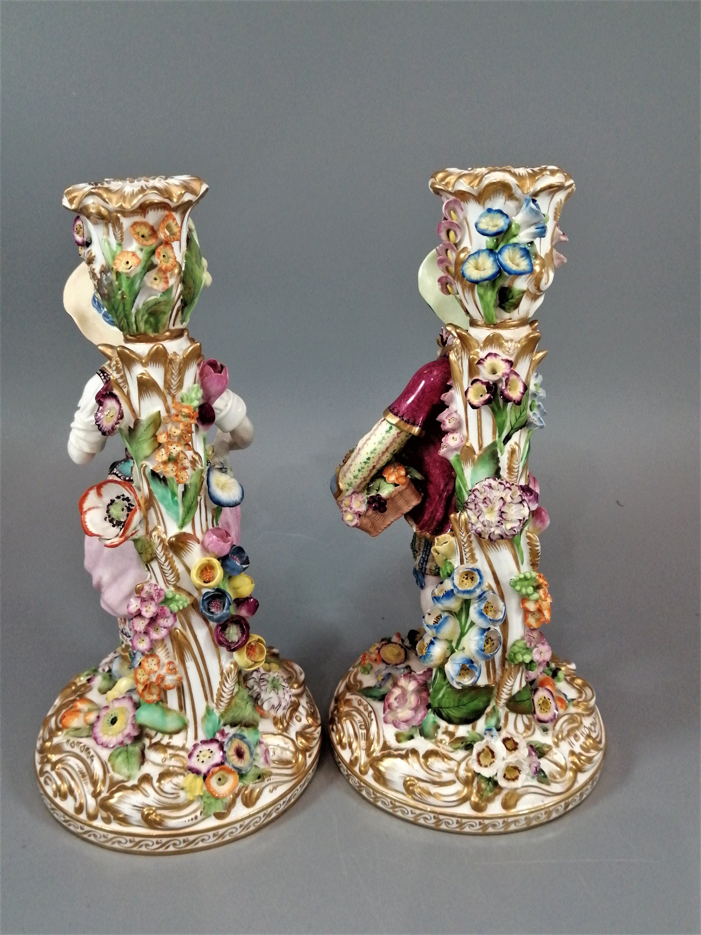 Minton Porcelain Figural Candlesticks: Enamel Flower Seller, c.1835
