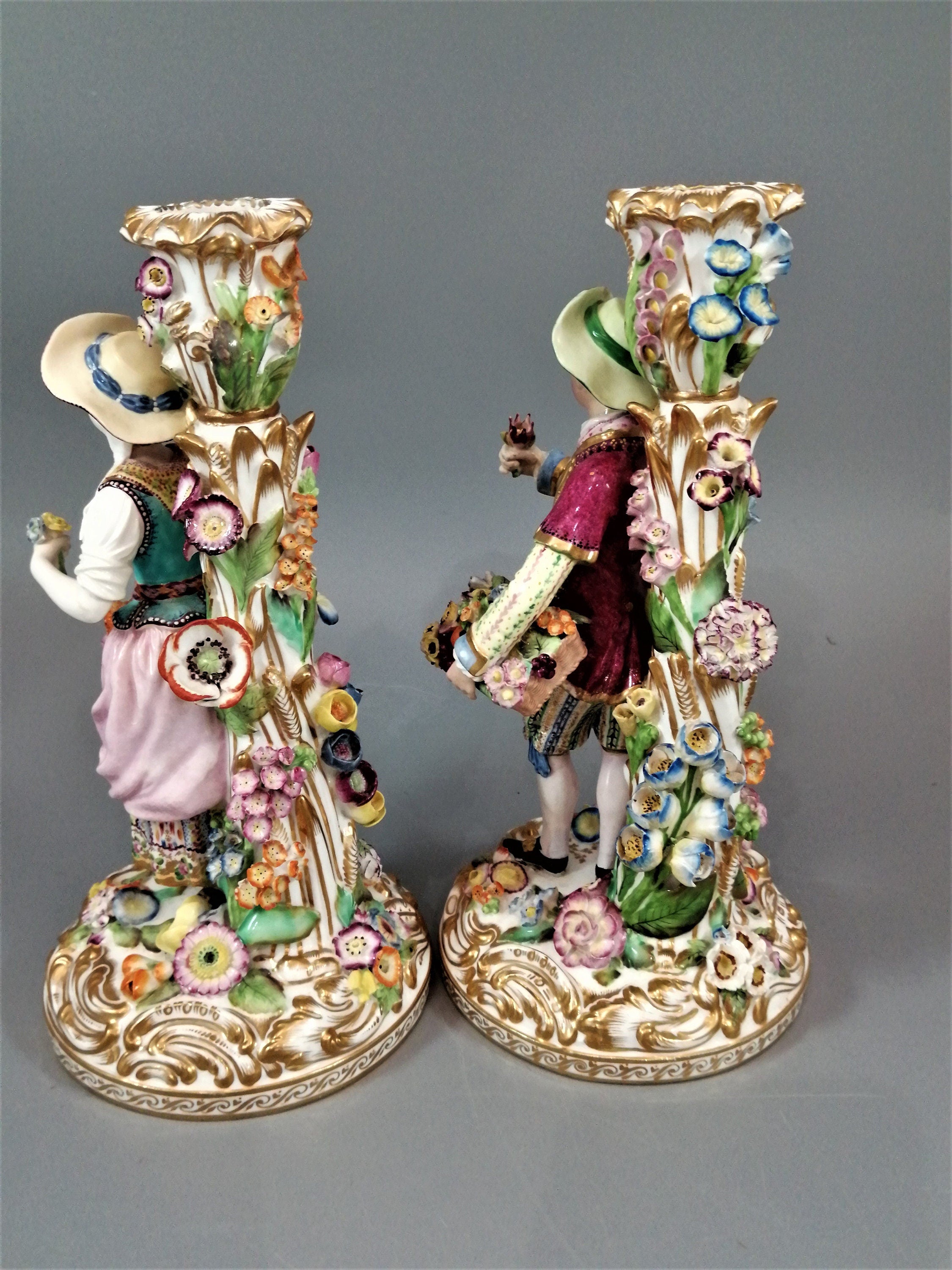 Minton Porcelain Figural Candlesticks: Enamel Flower Seller, c.1835