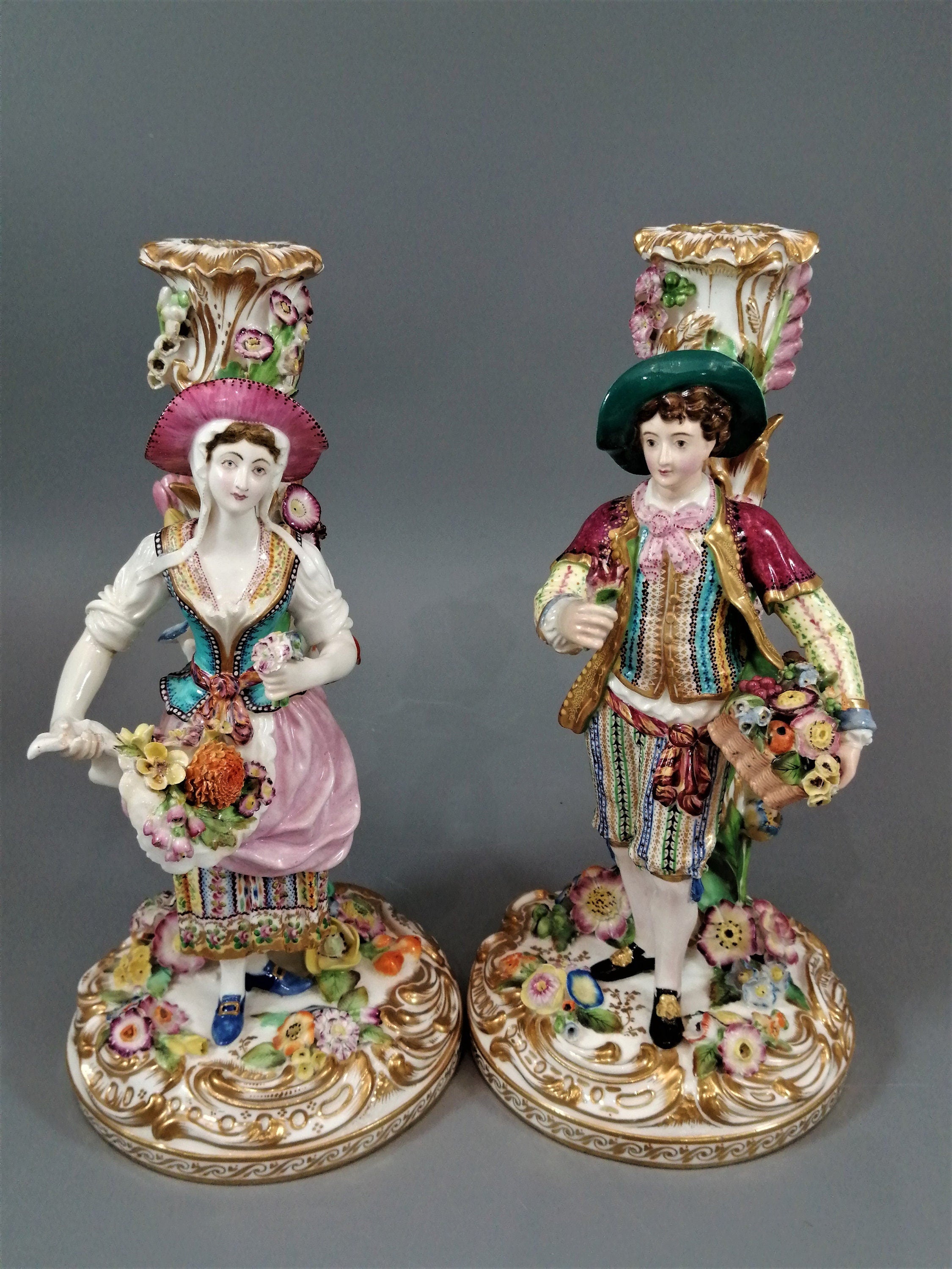 Minton Porcelain Figural Candlesticks: Enamel Flower Seller, c.1835