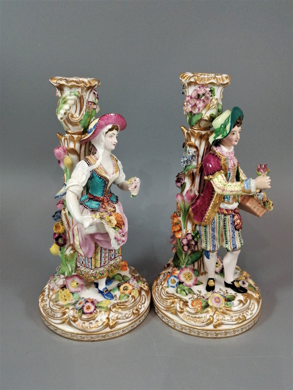 Minton Porcelain Figural Candlesticks: Enamel Flower Seller, c.1835