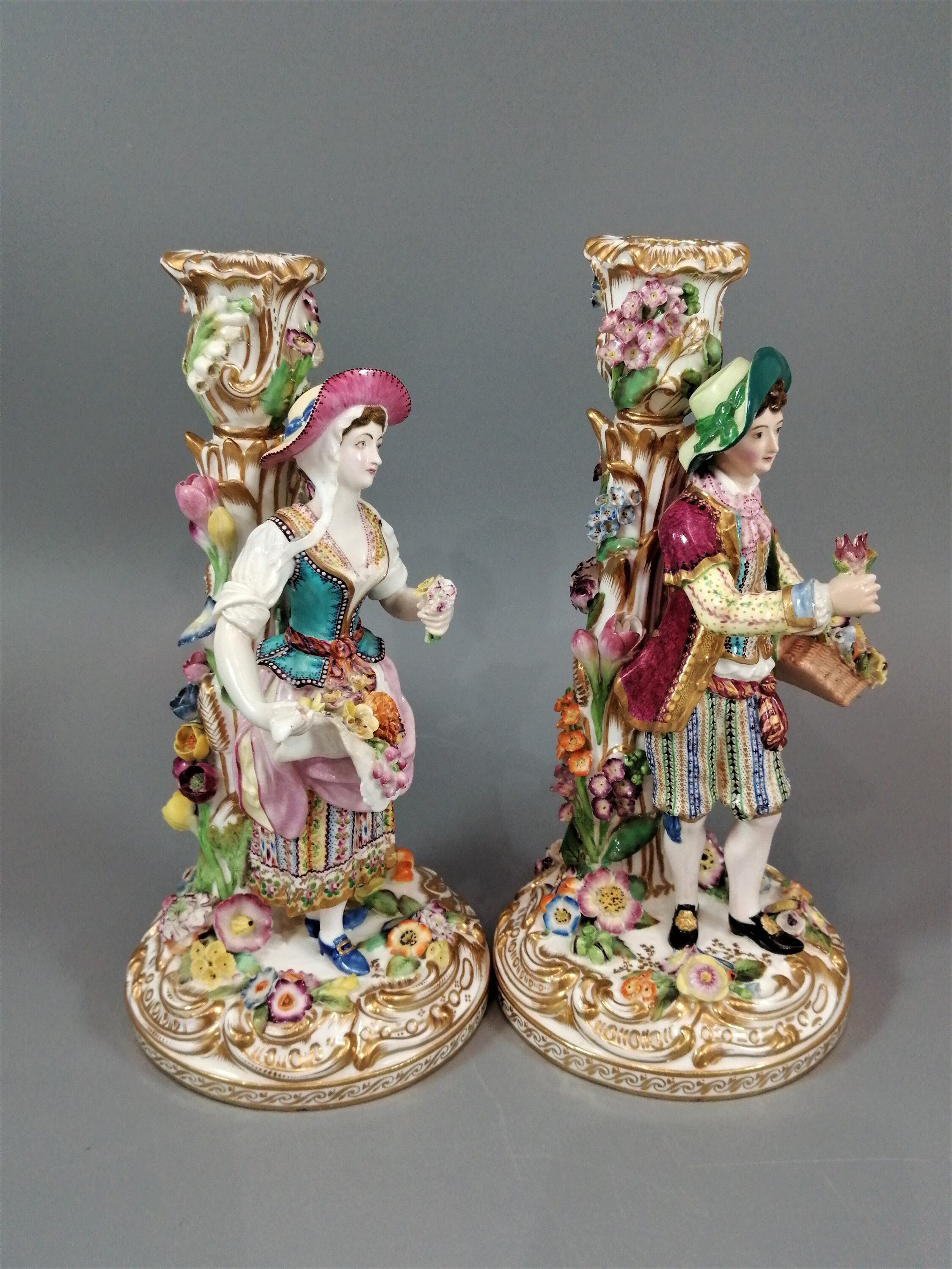 Minton Porcelain Figural Candlesticks: Enamel Flower Seller, c.1835