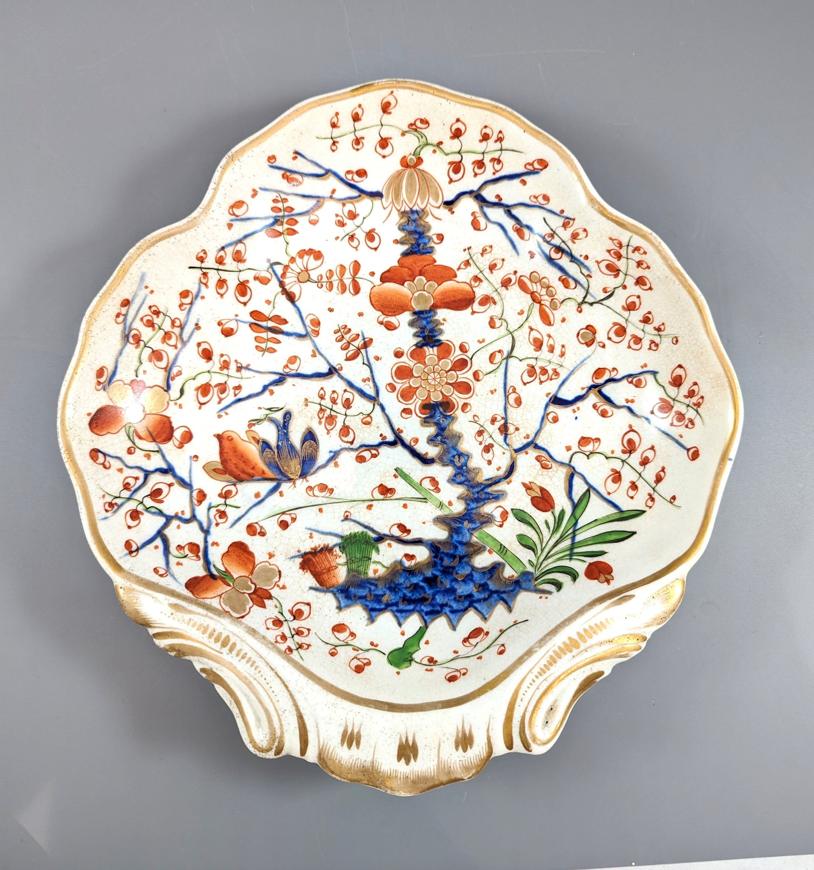 Old Derby Kakiemon style shell plate with "Two Quails" pattern,  c.1820.