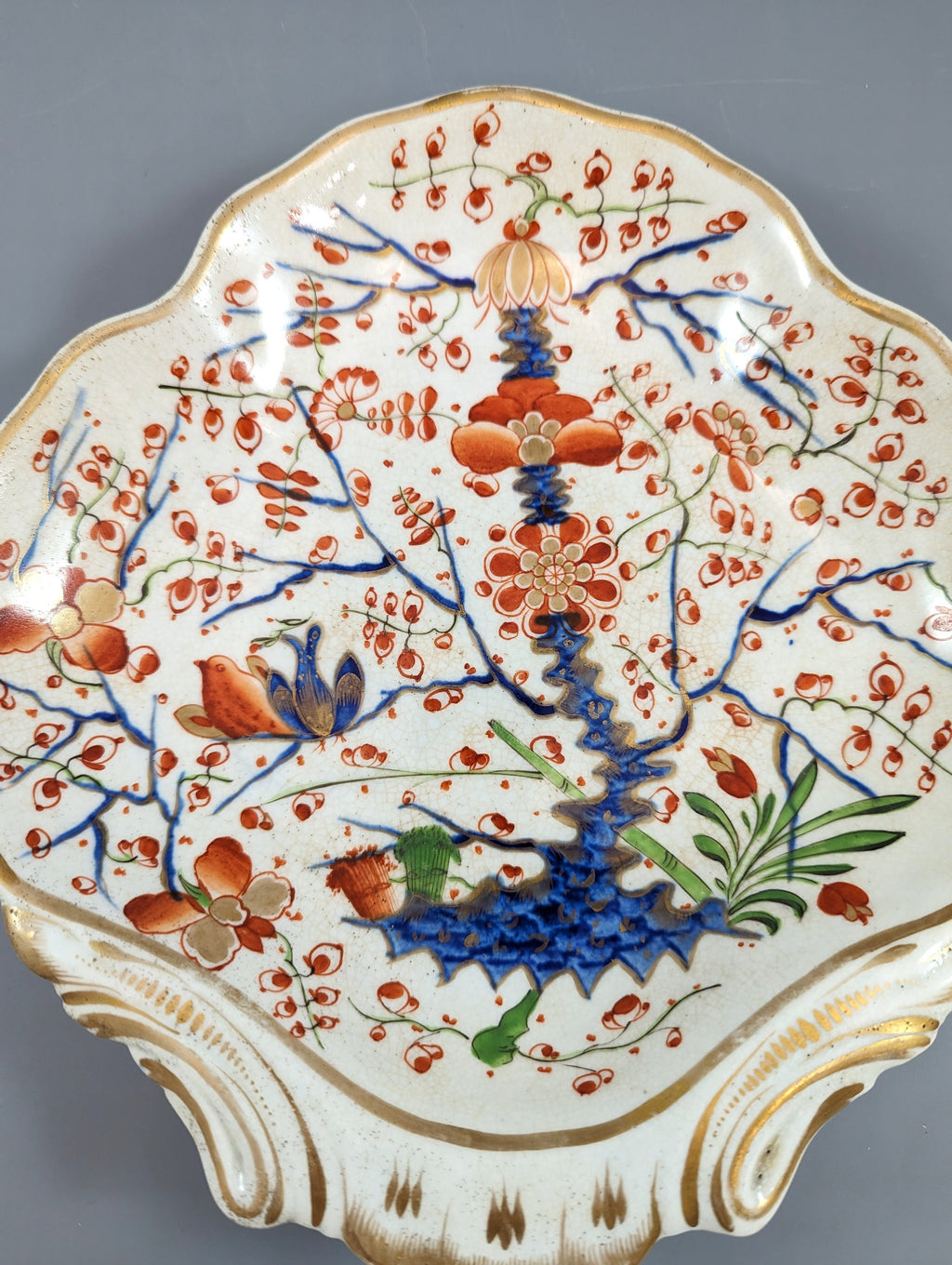 Old Derby Kakiemon style shell plate with "Two Quails" pattern,  c.1820.
