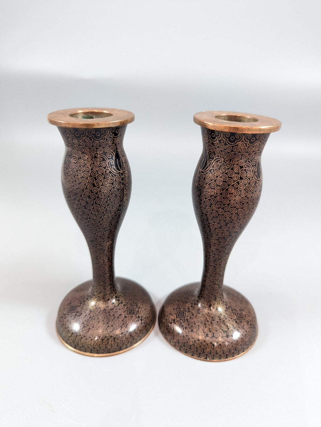 Antique Chinese Cloisonné Candlesticks: Floral Enamelware, 19th Century