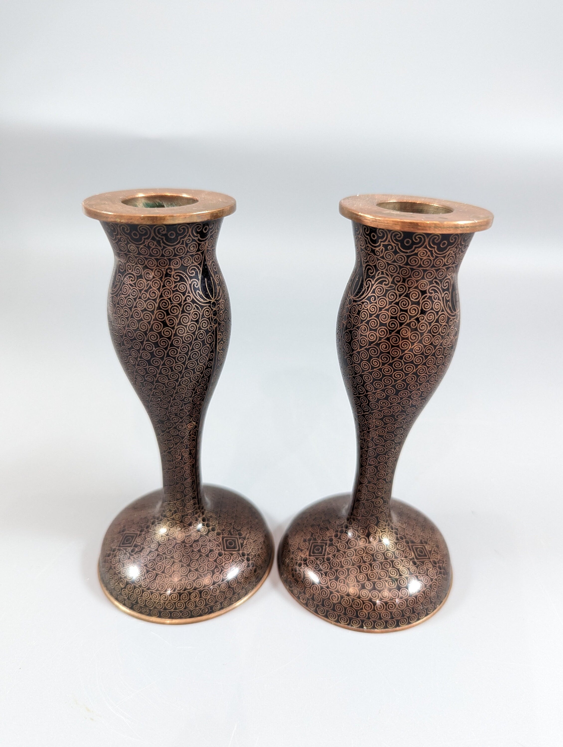 Antique Chinese Cloisonné Candlesticks: Floral Enamelware, 19th Century