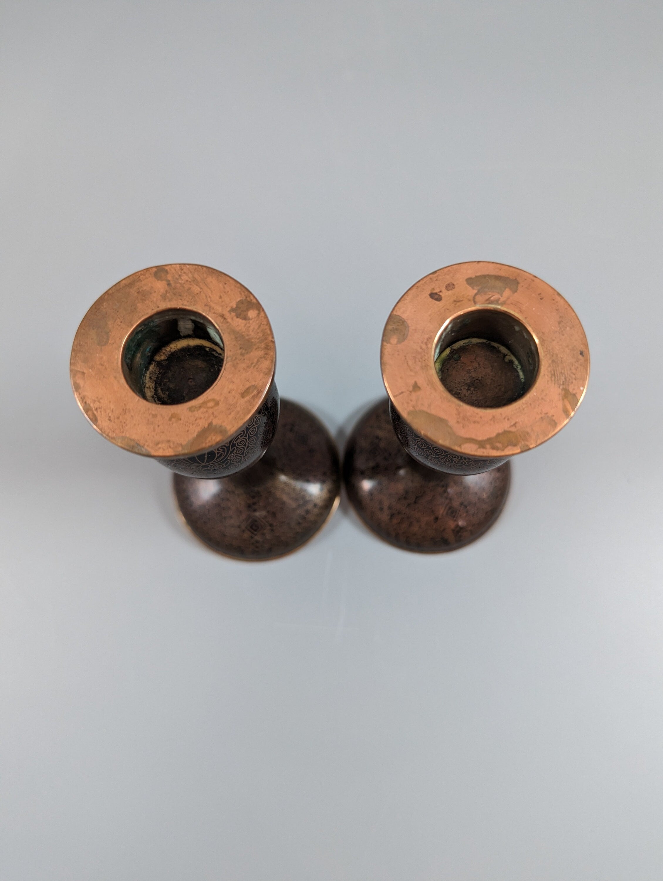 Antique Chinese Cloisonné Candlesticks: Floral Enamelware, 19th Century