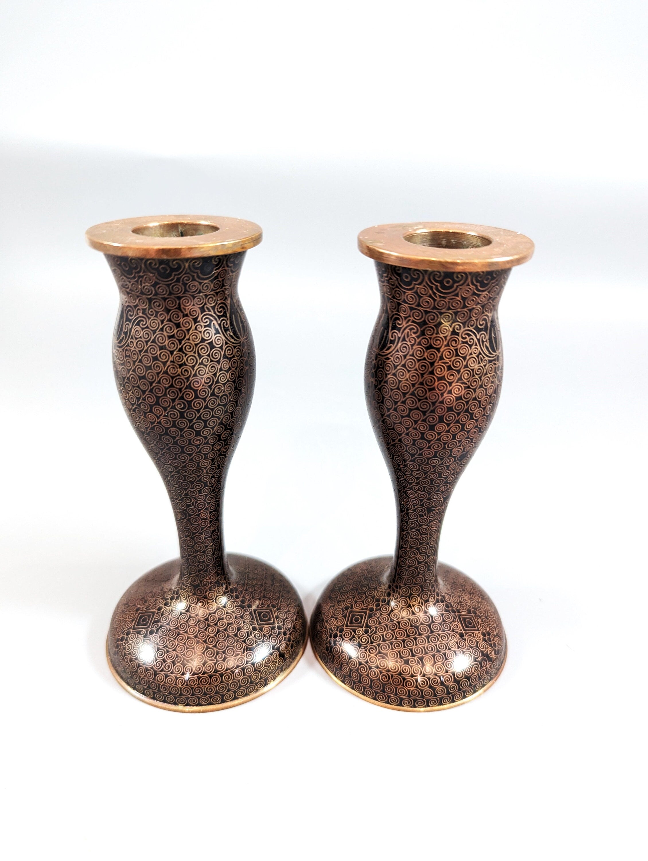 Antique Chinese Cloisonné Candlesticks: Floral Enamelware, 19th Century