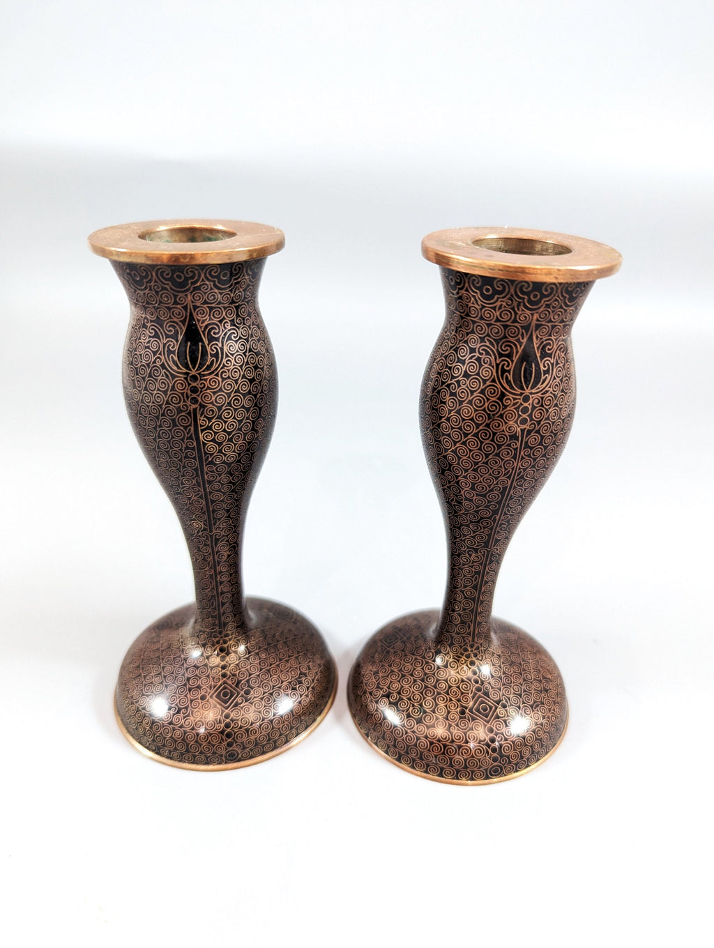 Antique Chinese Cloisonné Candlesticks: Floral Enamelware, 19th Century
