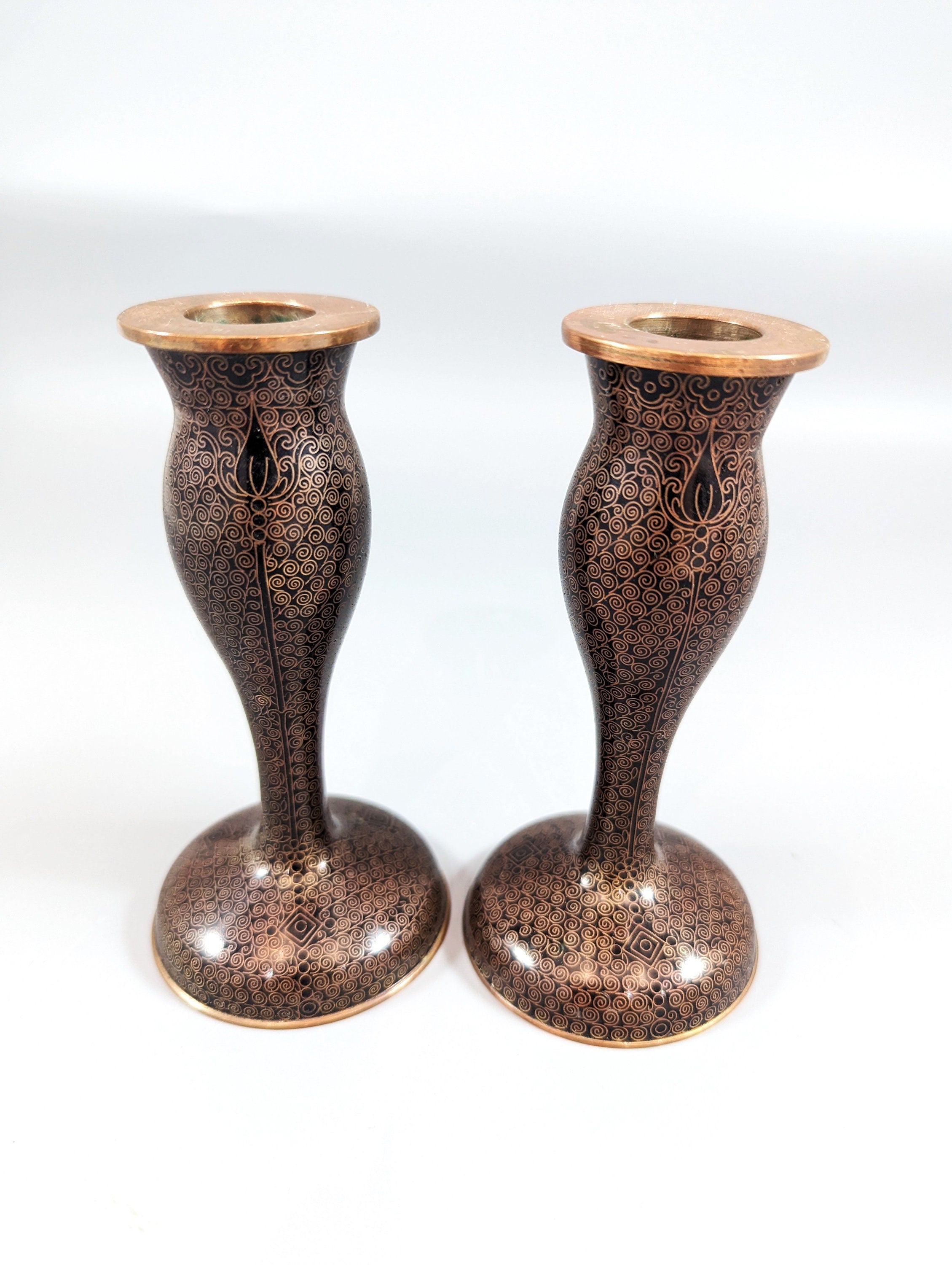 Antique Chinese Cloisonné Candlesticks: Floral Enamelware, 19th Century