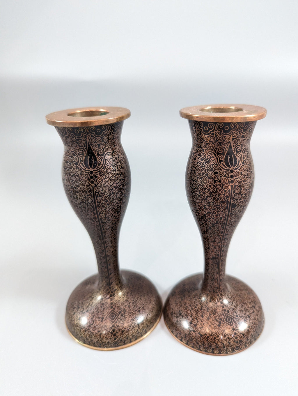 Antique Chinese Cloisonné Candlesticks: Floral Enamelware, 19th Century