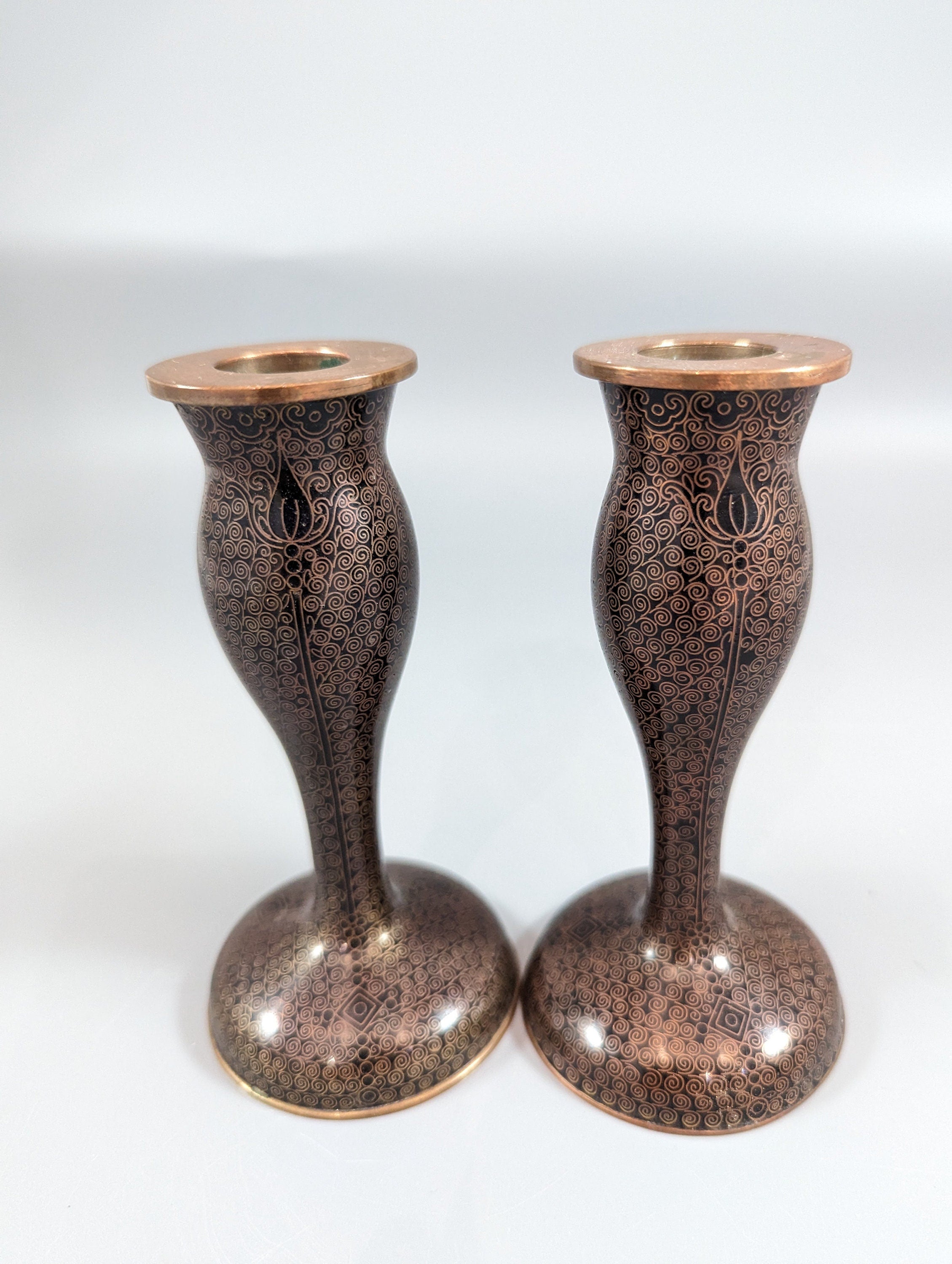 Antique Chinese Cloisonné Candlesticks: Floral Enamelware, 19th Century