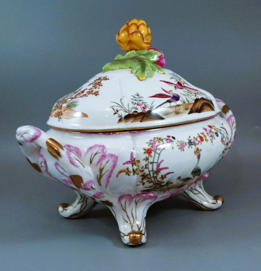 Antique large continental porcelain tureen with lid and stand