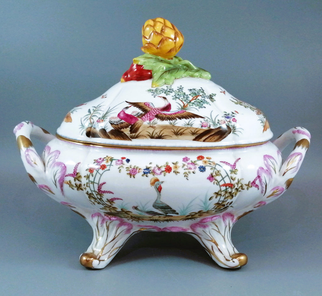 Antique large continental porcelain tureen with lid and stand