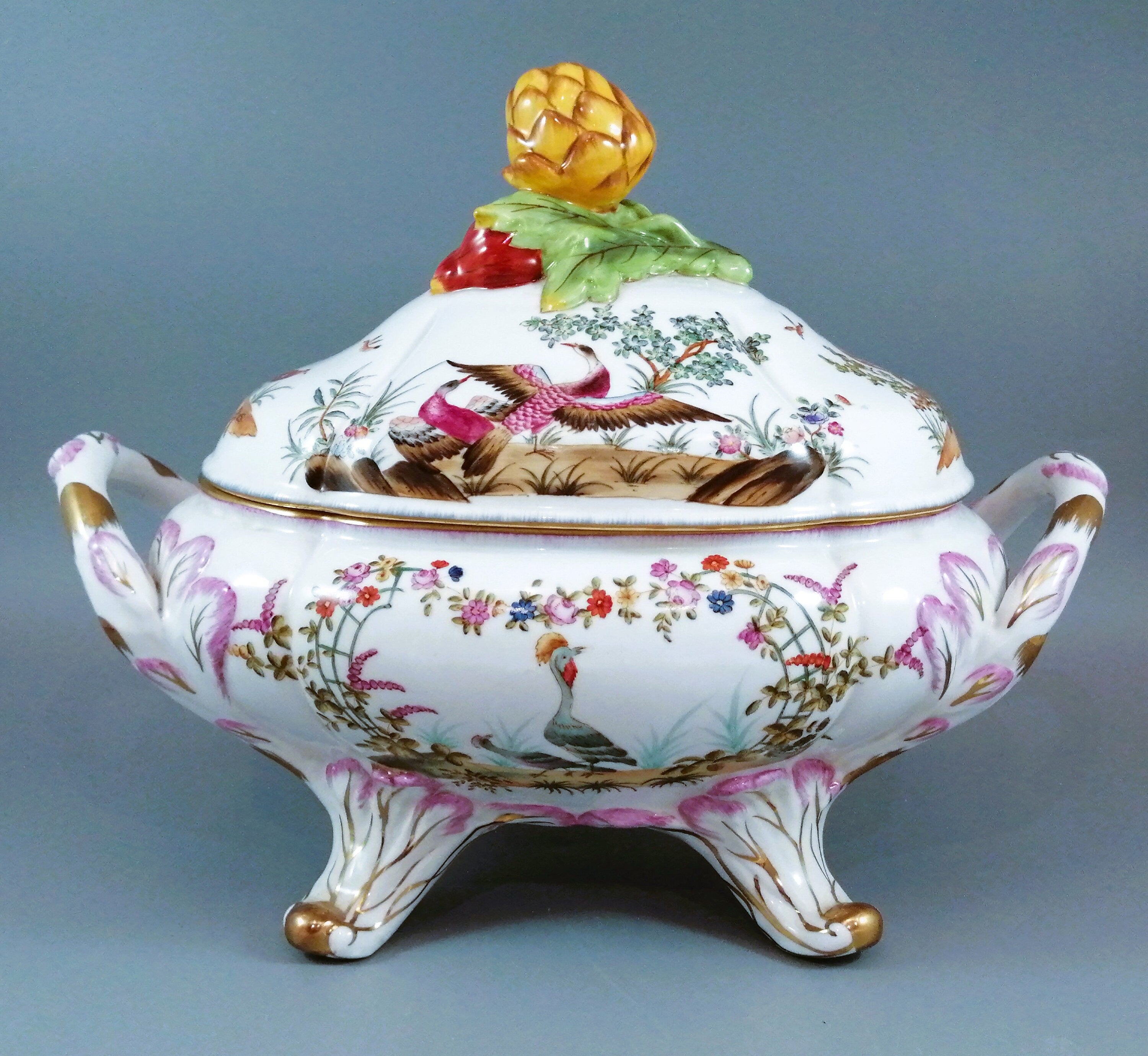 Antique large continental porcelain tureen with lid and stand