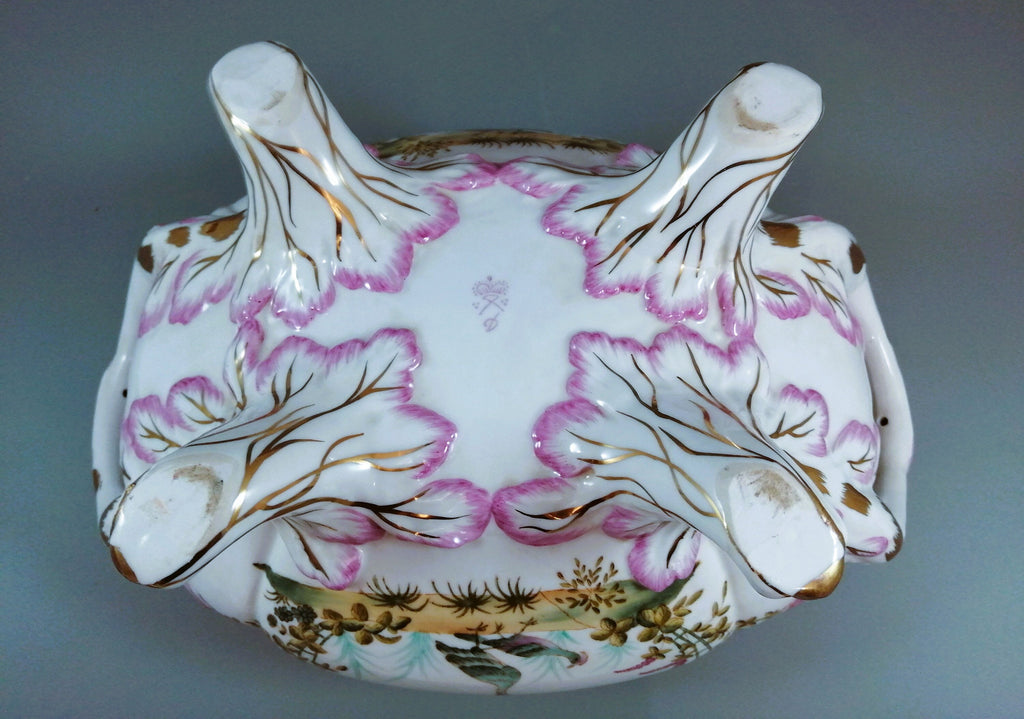 Antique large continental porcelain tureen with lid and stand