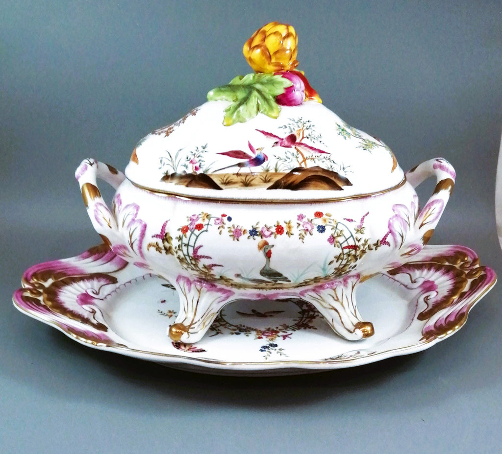 Antique large continental porcelain tureen with lid and stand