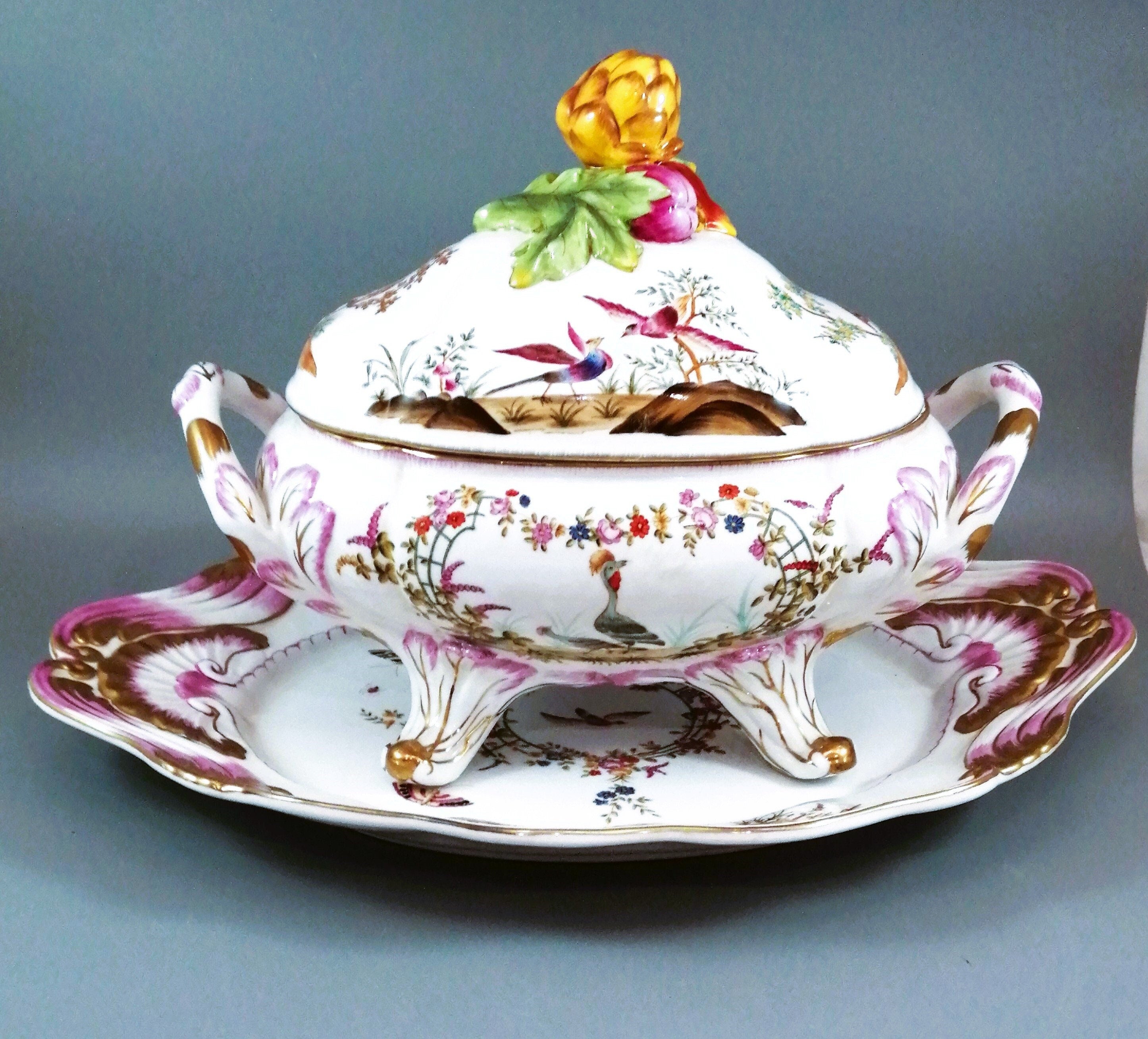 Antique large continental porcelain tureen with lid and stand