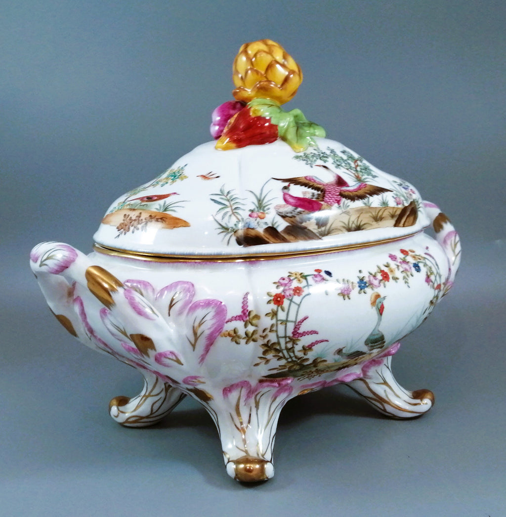 Antique large continental porcelain tureen with lid and stand