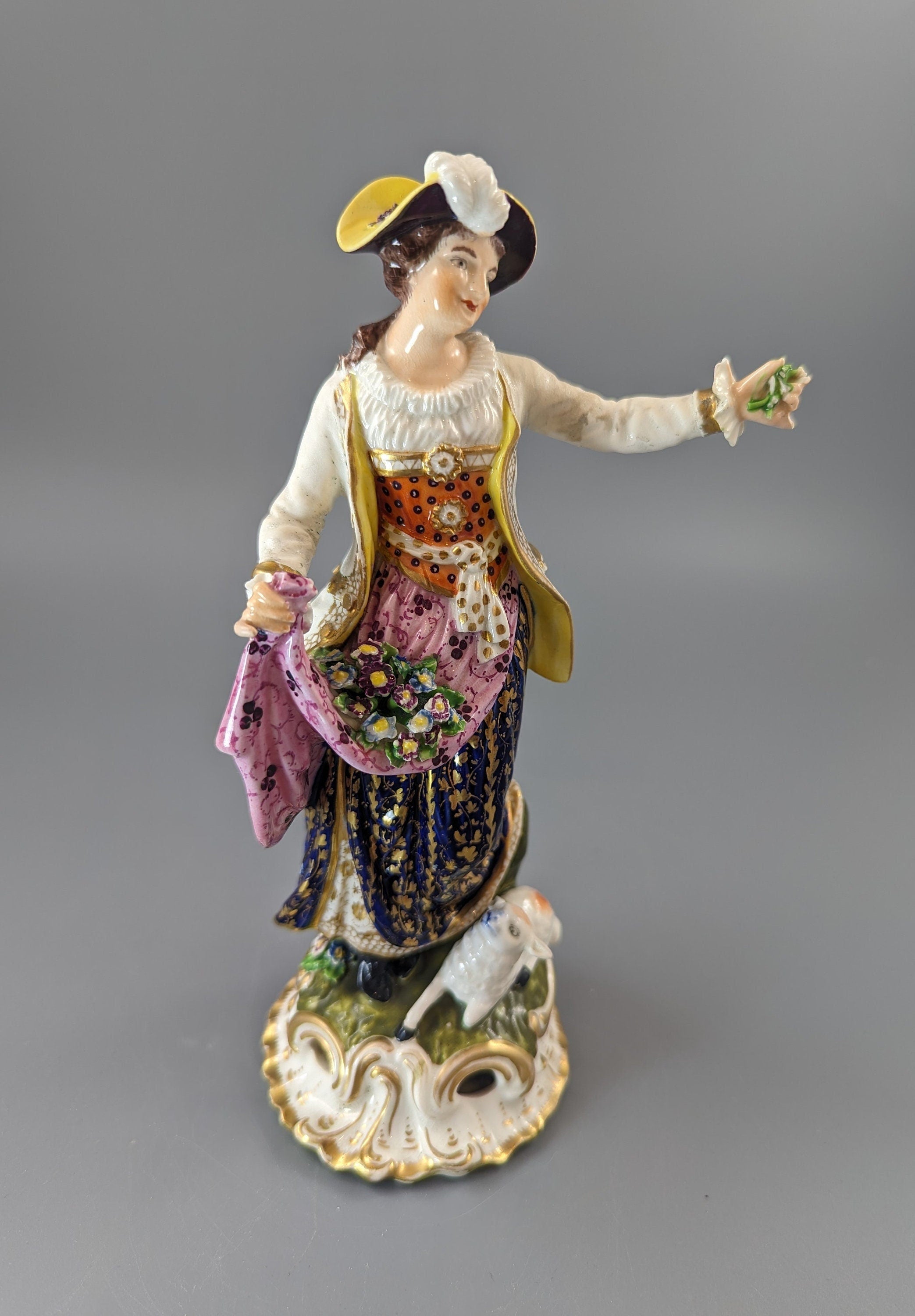 Antique Georgian Derby porcelain figurine of a shepherdess c.1830, the Bloor period
