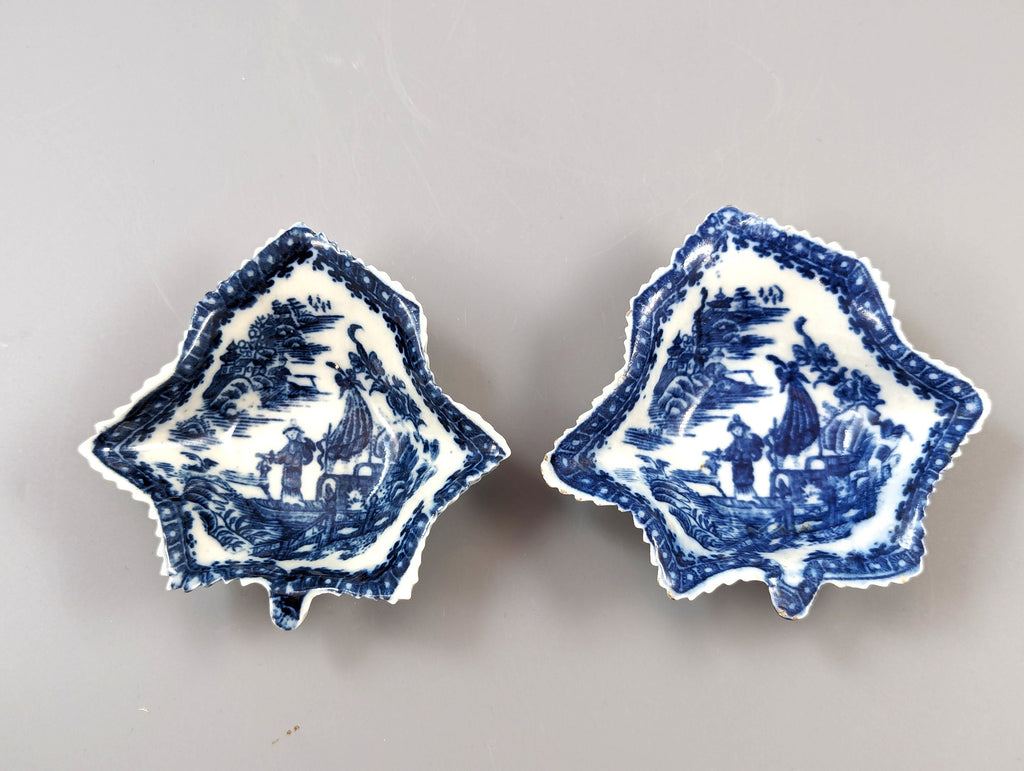 Two Caughley blue and white pickle leaf dishes, c1780
