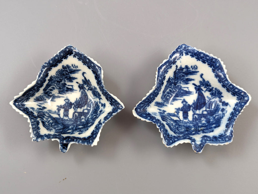 Two Caughley blue and white pickle leaf dishes, c1780