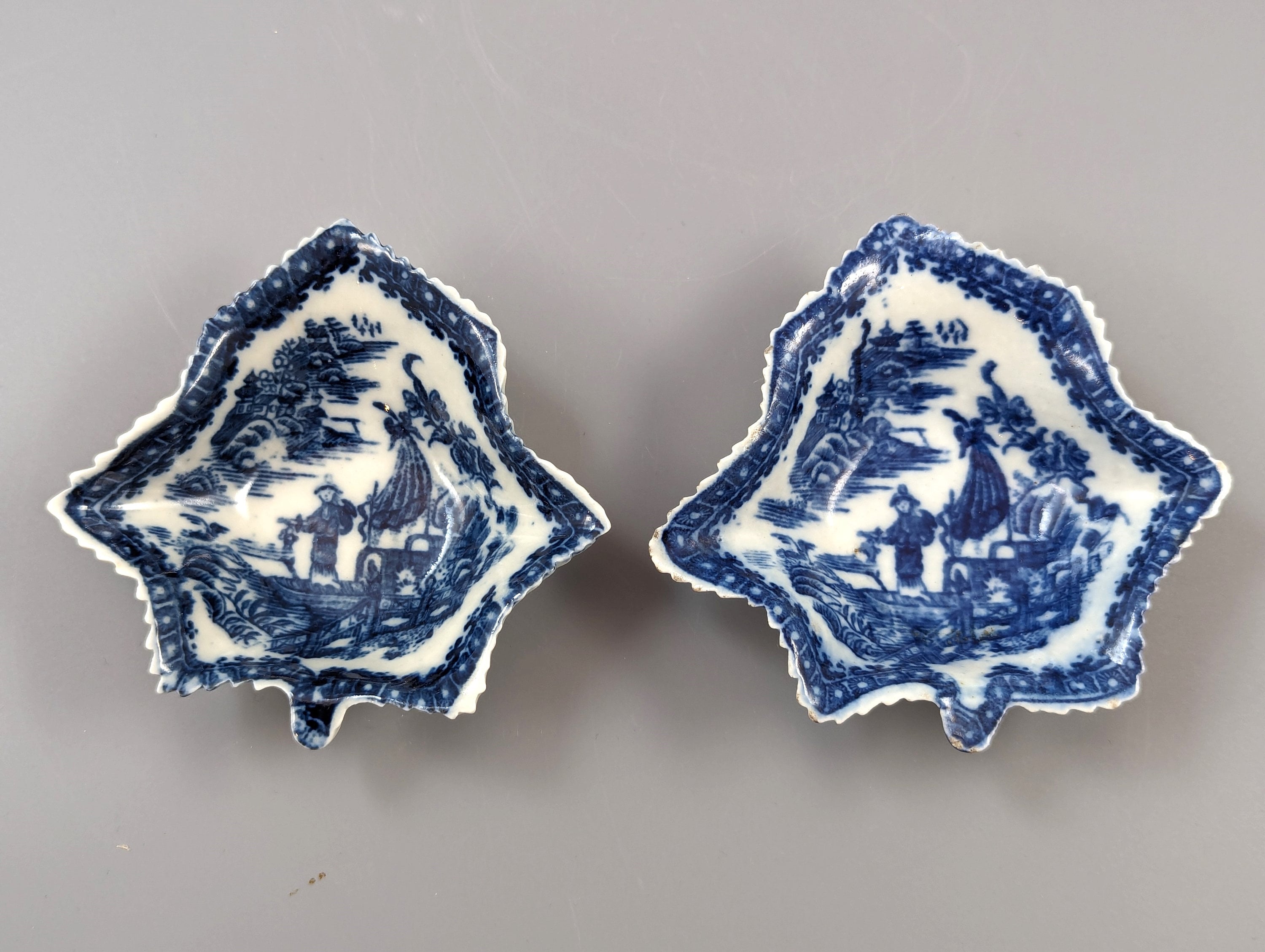 Two Caughley blue and white pickle leaf dishes, c1780