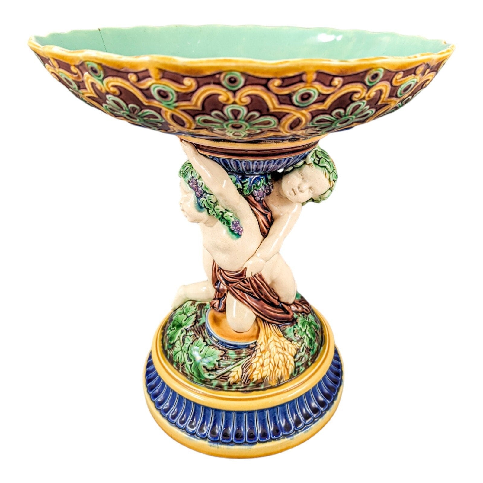 Antique Minton Majolica Centerpiece, Bacchanalian Cupids,с.1864