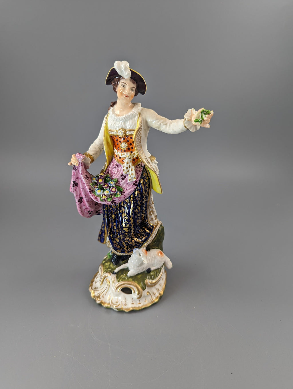 Antique Georgian Derby porcelain figurine of a shepherdess c.1830, the Bloor period