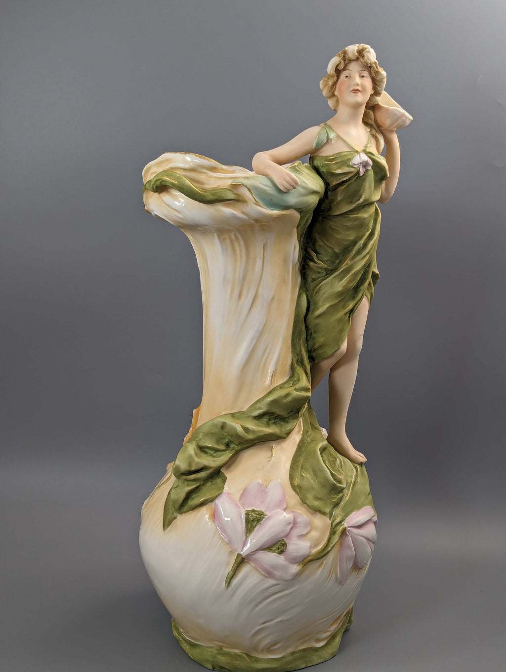 Large Royal Dux Figure Water Nymph with Shell, c.1912