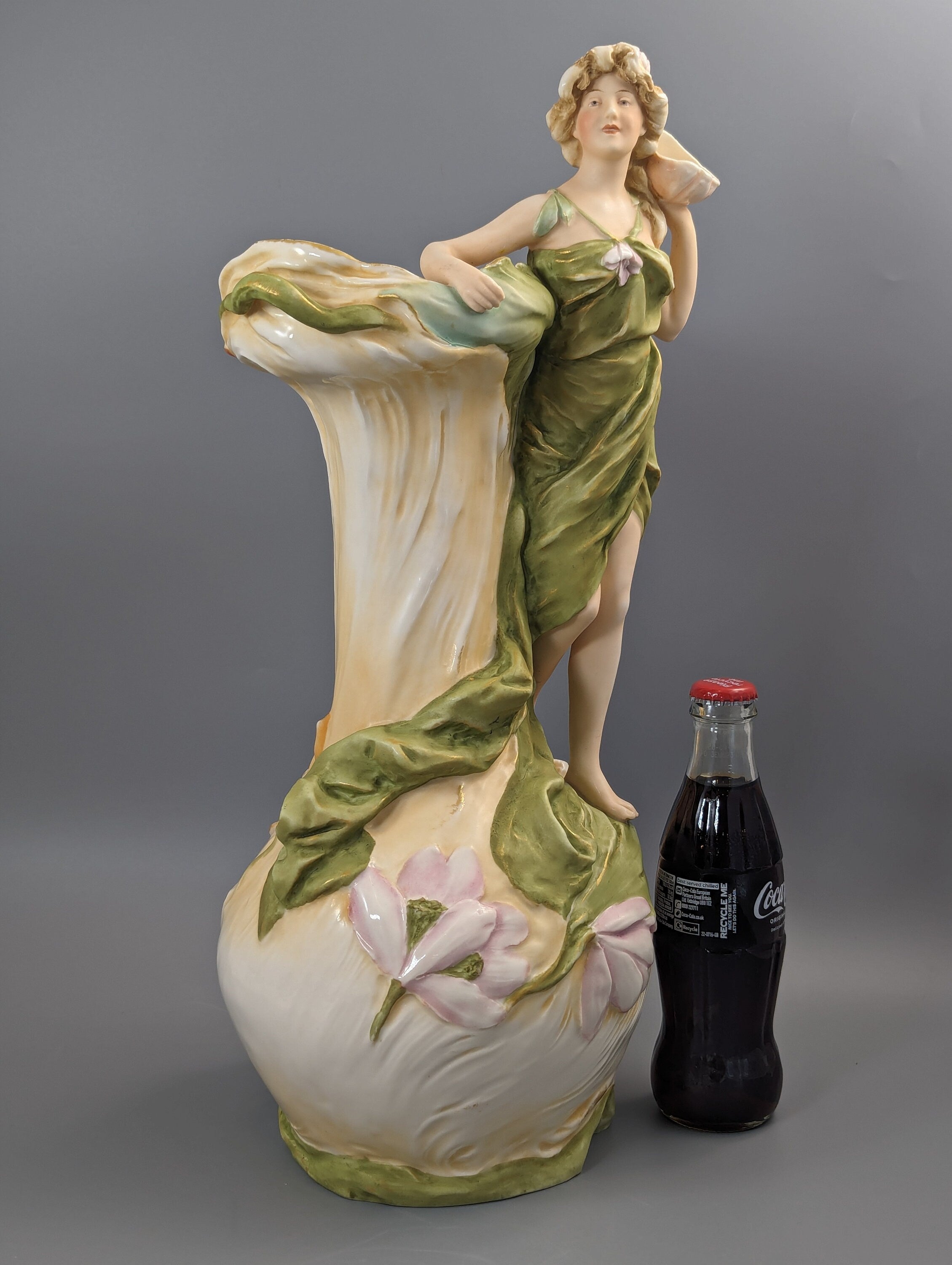 Large Royal Dux Figure Water Nymph with Shell, c.1912