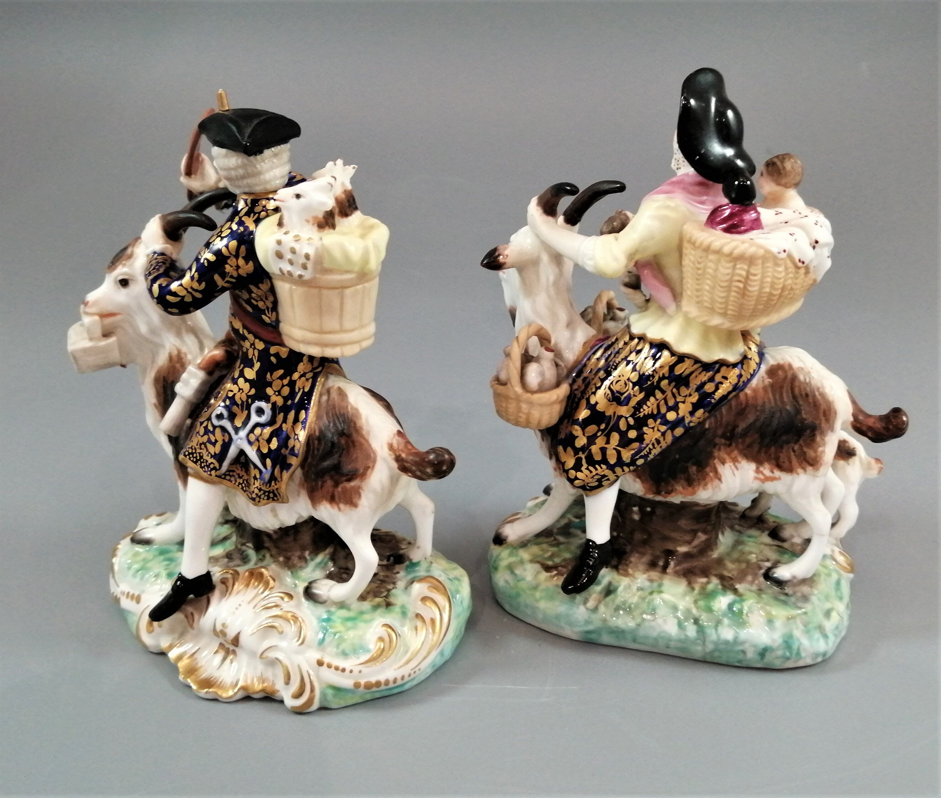 Derby figurines of the Welch Tailor and his Wife, c.1861-1935.