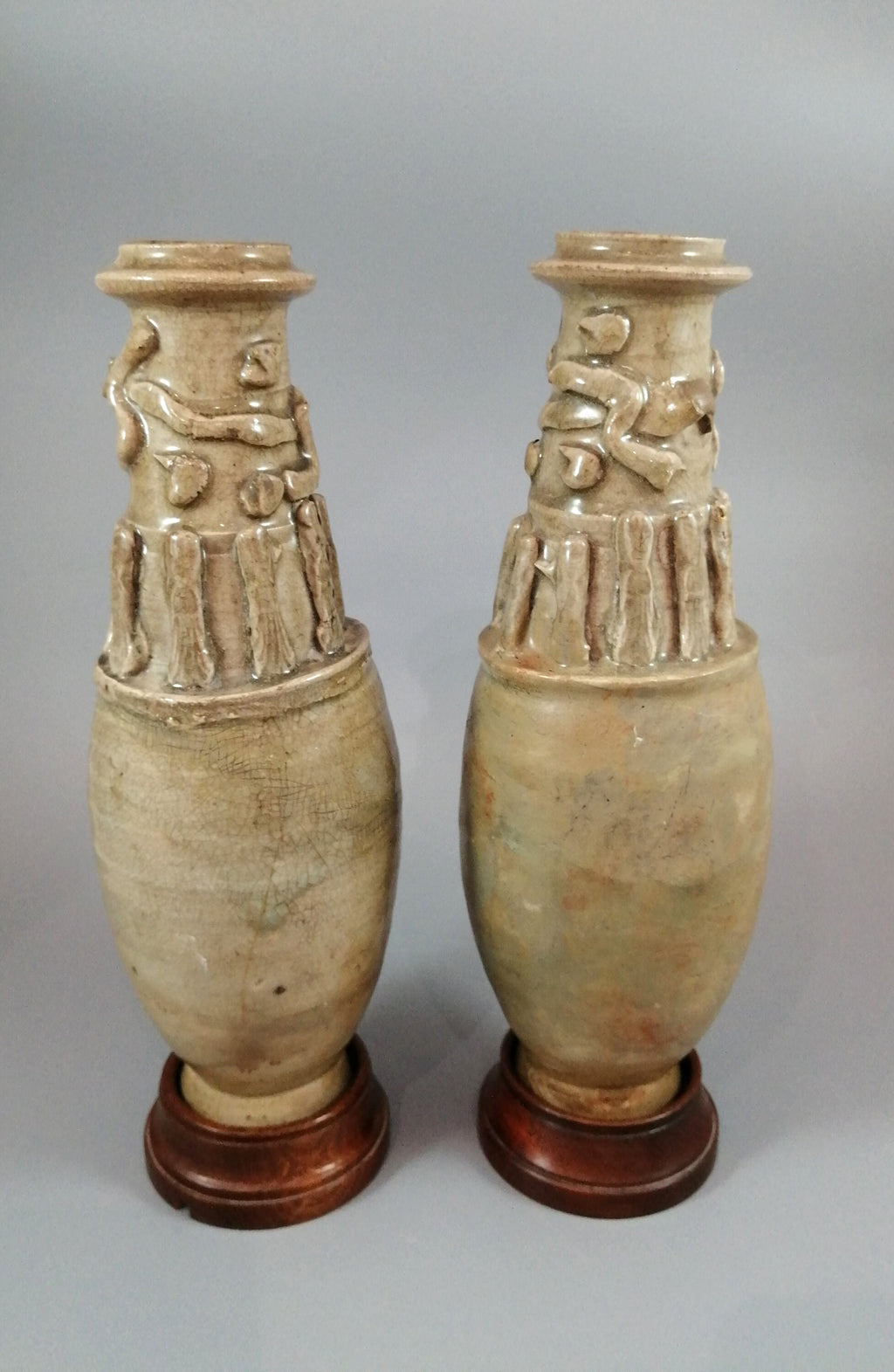 Couple of Antique Chinese Celadon Funeral Vases, Song Dynasty (960 to 1279).
