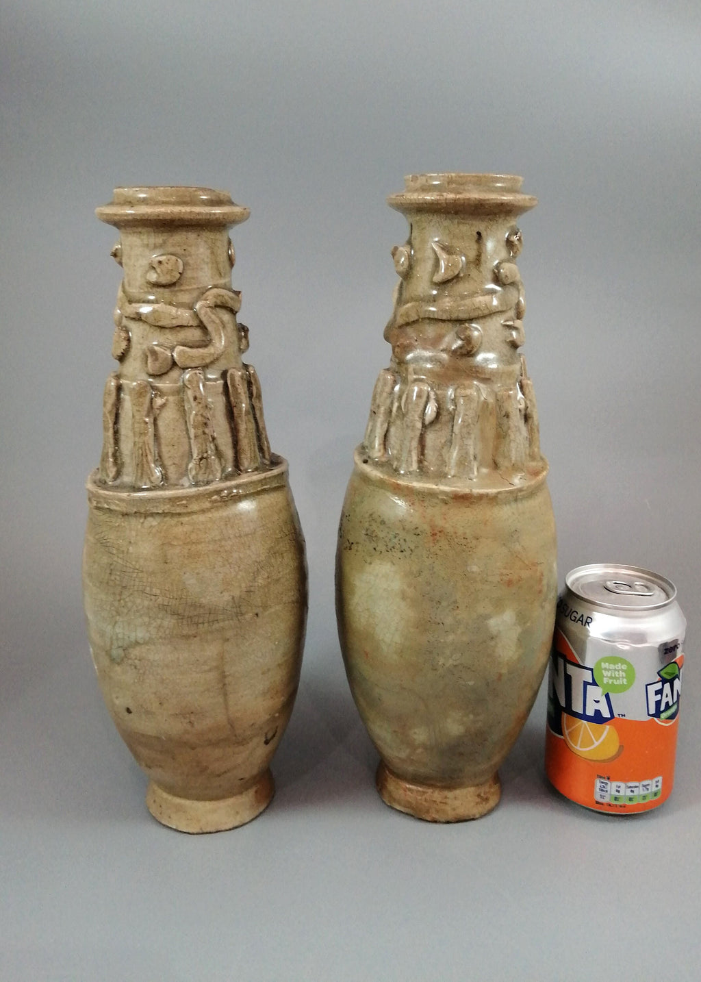 Couple of Antique Chinese Celadon Funeral Vases, Song Dynasty (960 to 1279).