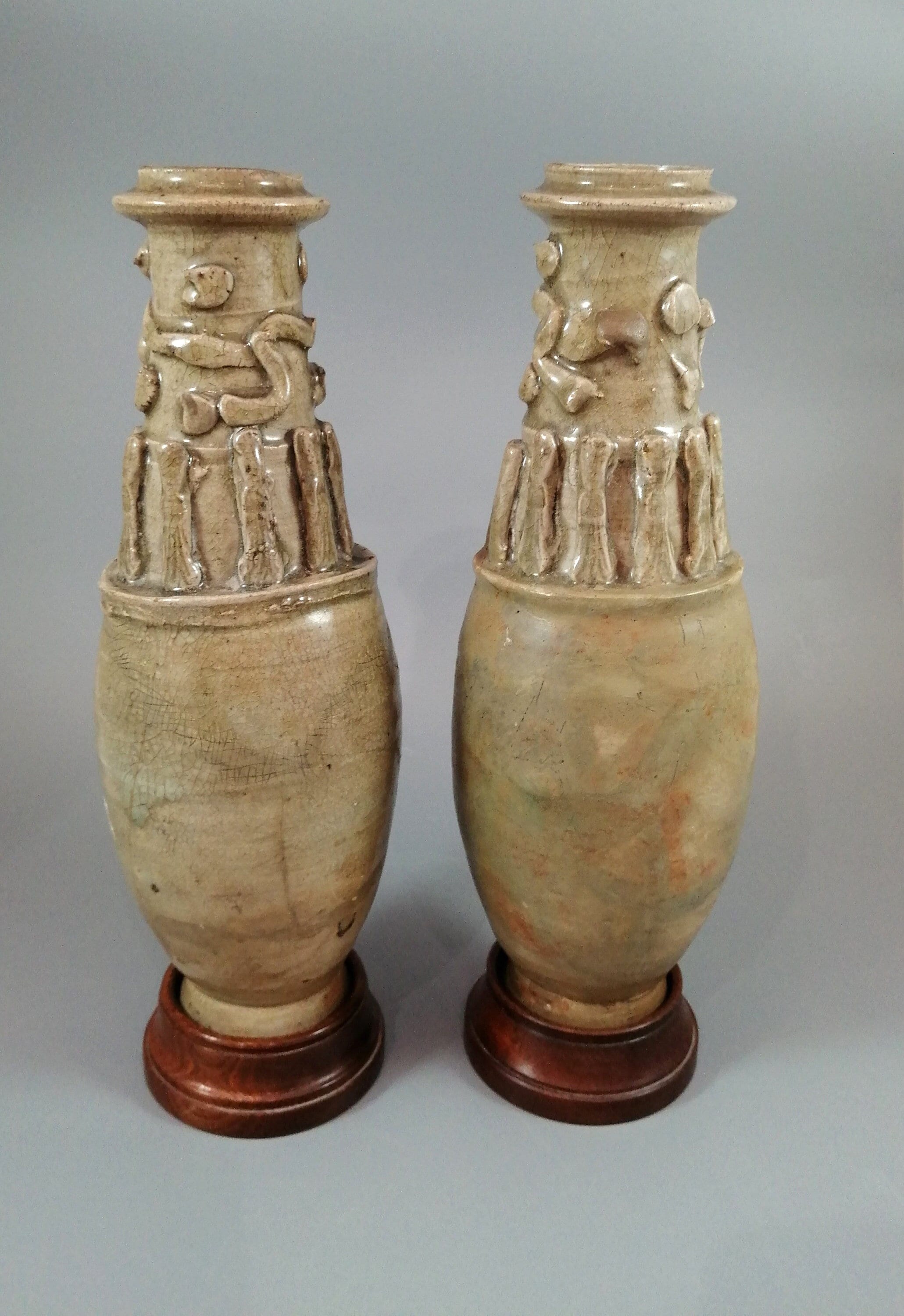 Couple of Antique Chinese Celadon Funeral Vases, Song Dynasty (960 to 1279).