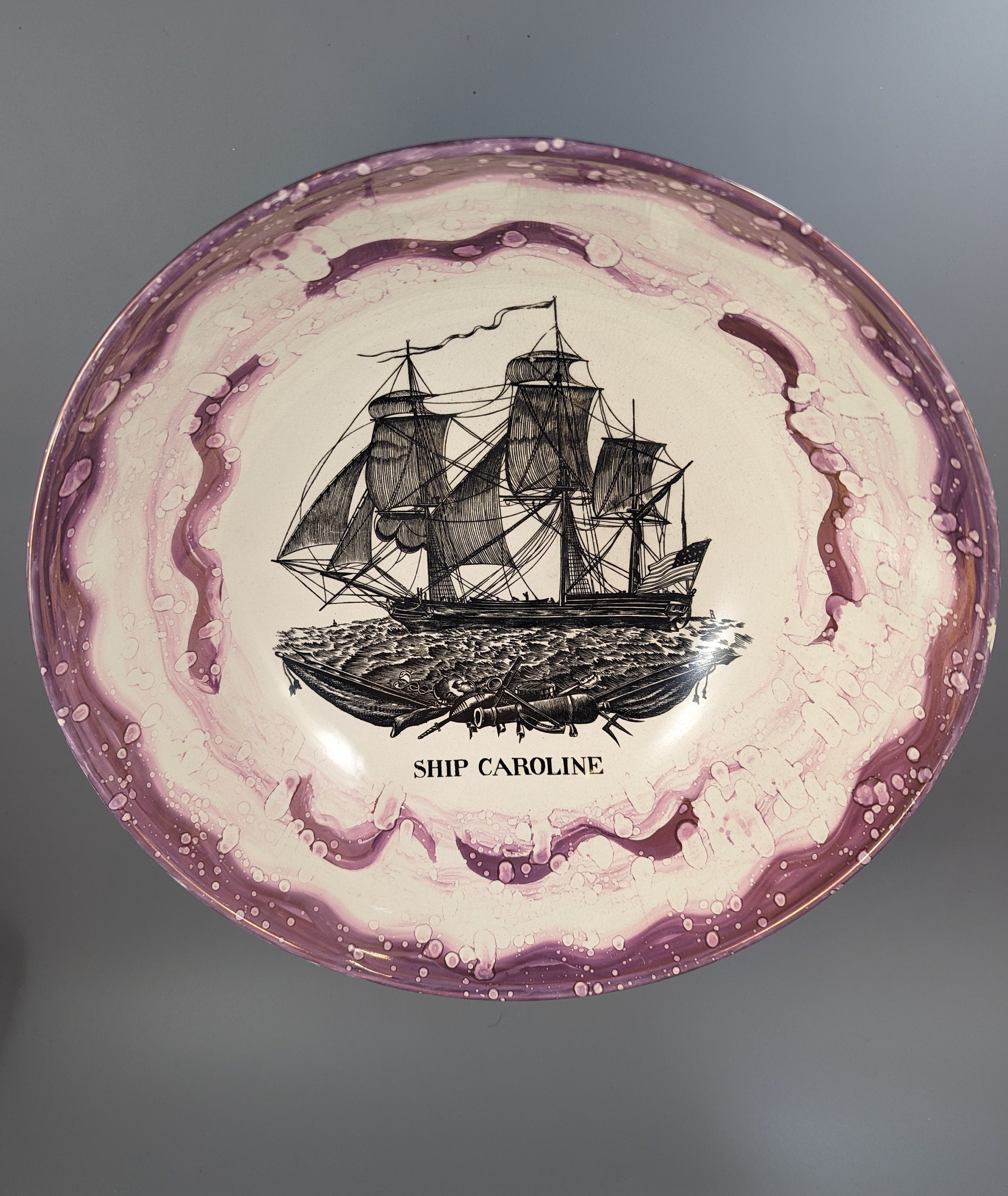 Sunderland Pink Lustre Large Bowl with transfer ‘Ship Caroline’, c. 1899.