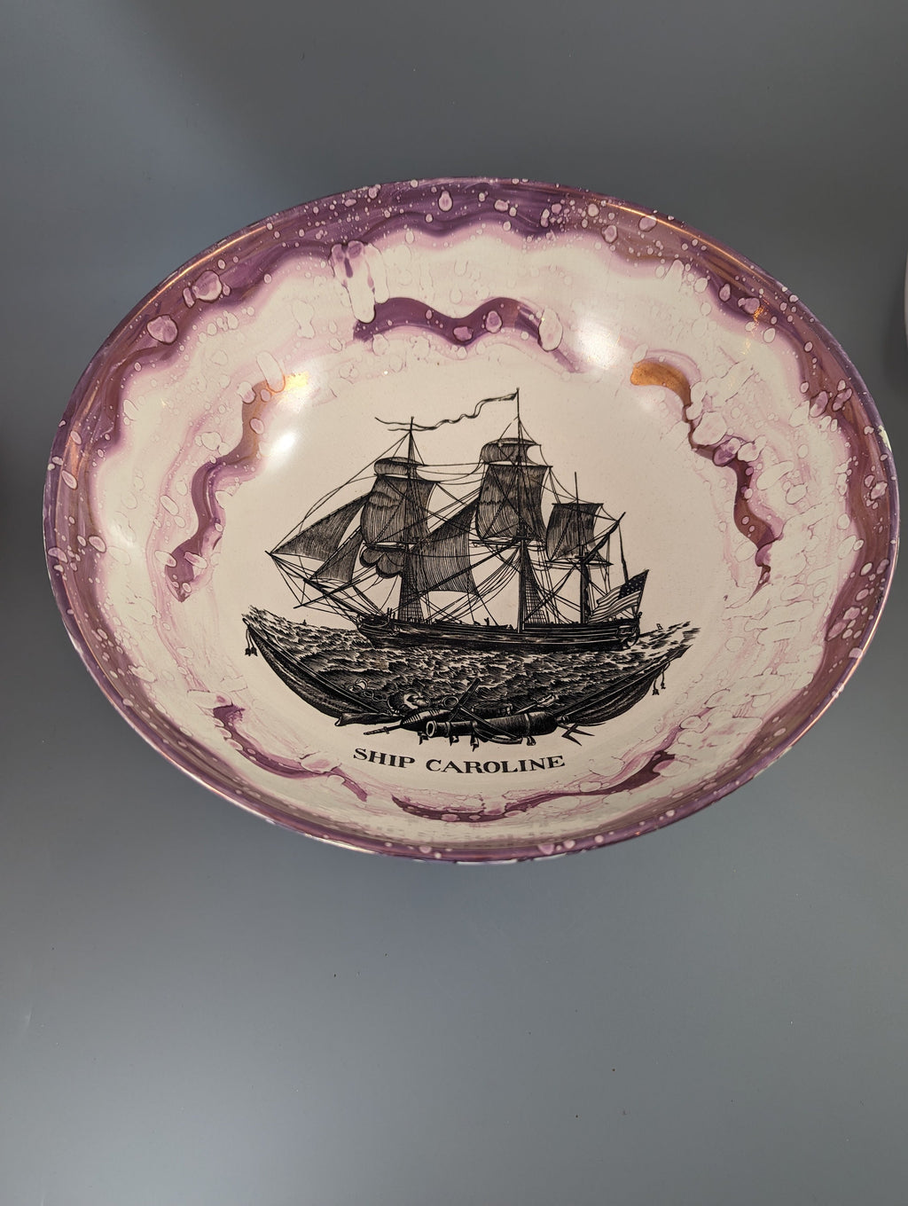 Sunderland Pink Lustre Large Bowl with transfer ‘Ship Caroline’, c. 1899.