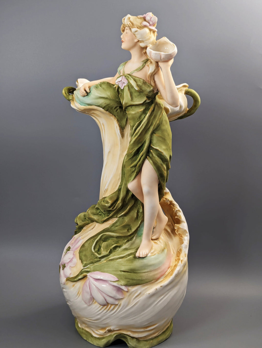 Large Royal Dux Figure Water Nymph with Shell, c.1912